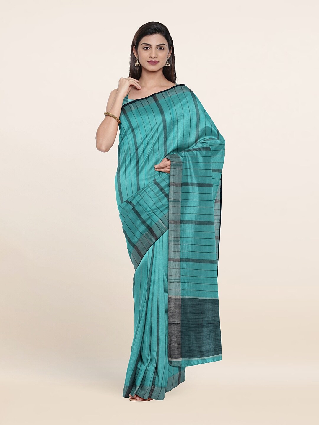 

Pothys Blue & Black Striped Zari Pure Cotton Saree