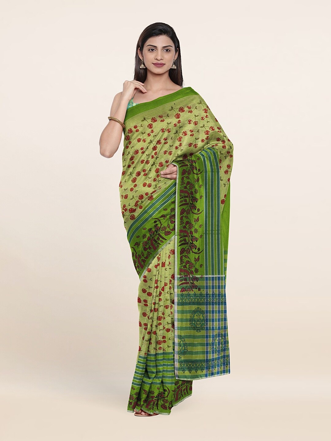 

Pothys Green & Red Floral Pure Cotton Saree