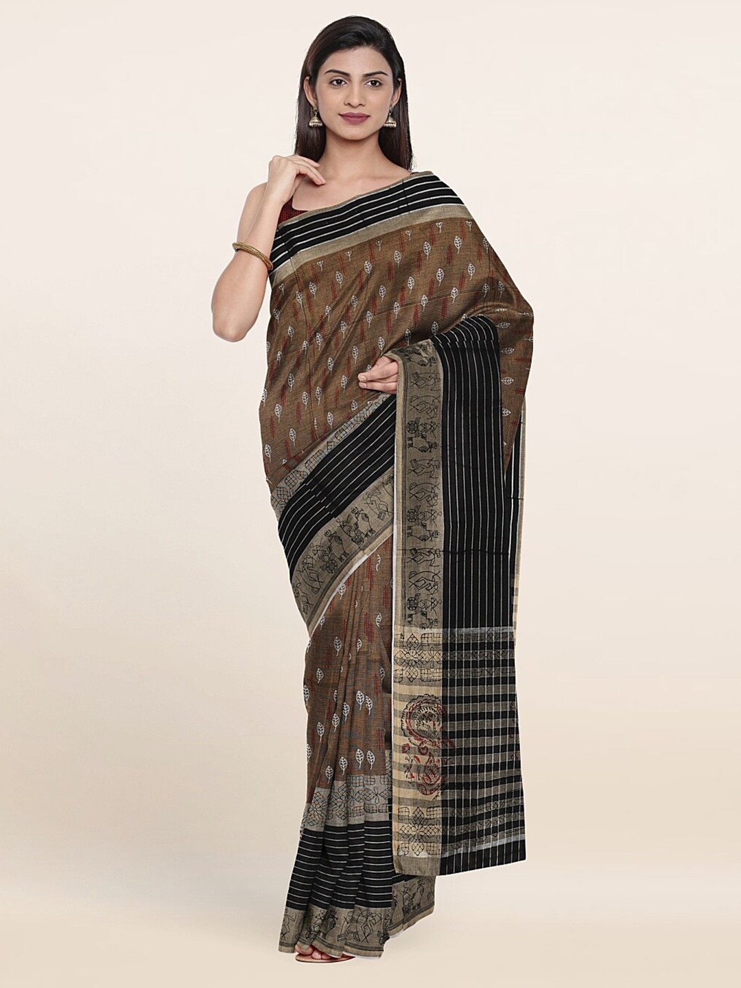 

Pothys Brown & White Ethnic Motifs Pure Cotton Saree