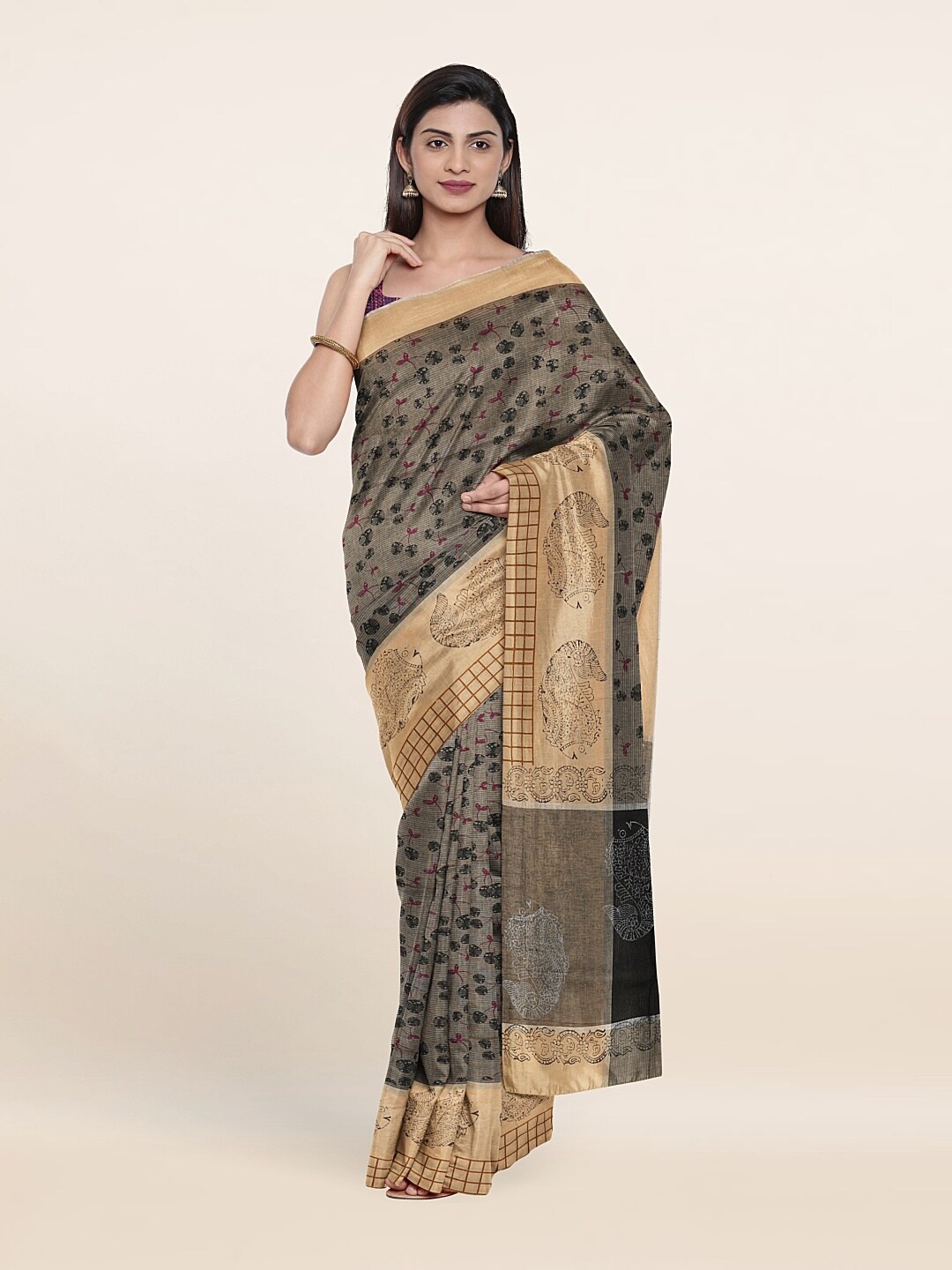 

Pothys Grey & Beige Ethnic Motifs Pure Cotton Saree