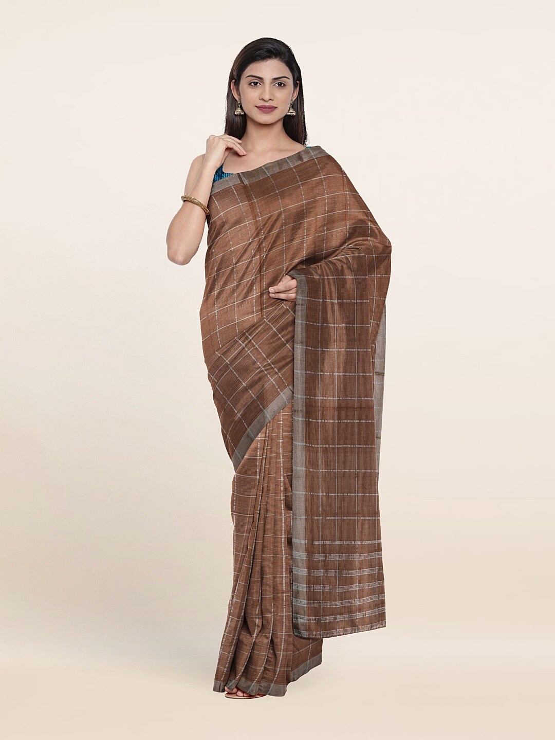 

Pothys Brown & Silver-Toned Checked Zari Pure Cotton Saree