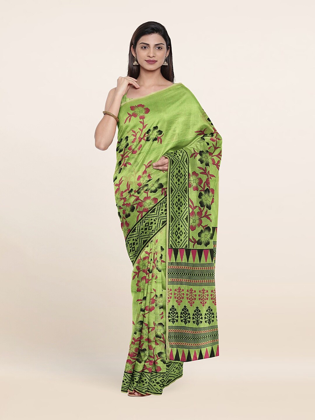 

Pothys Green & Red Floral Pure Cotton Saree