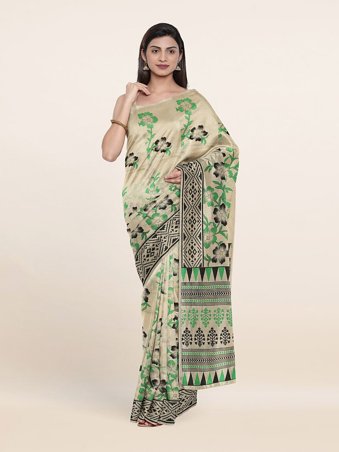 

Pothys Cream-Coloured & Black Floral Pure Cotton Saree