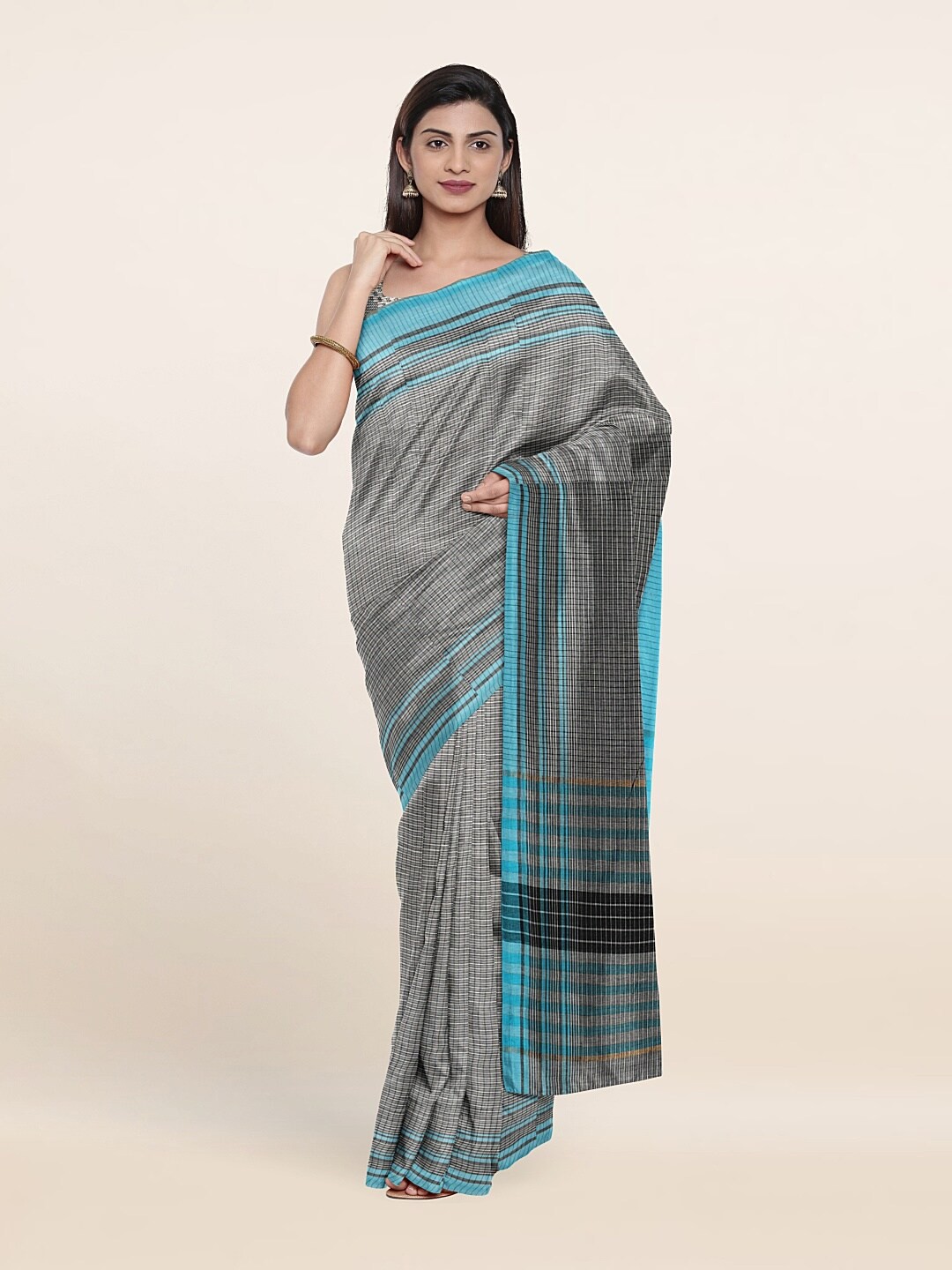 

Pothys Grey & Black Checked Pure Cotton Saree