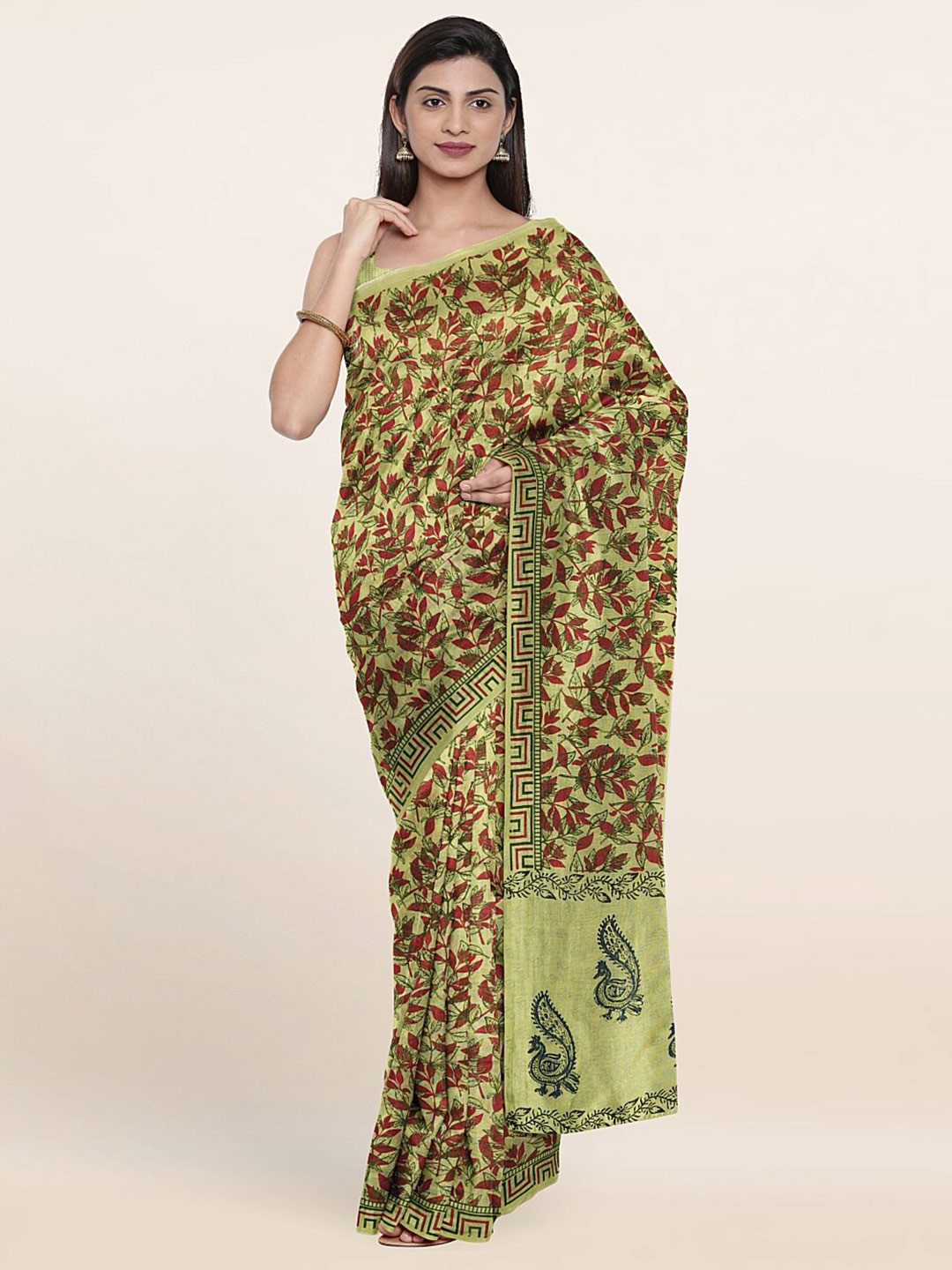 

Pothys Green & Red Floral Pure Cotton Saree