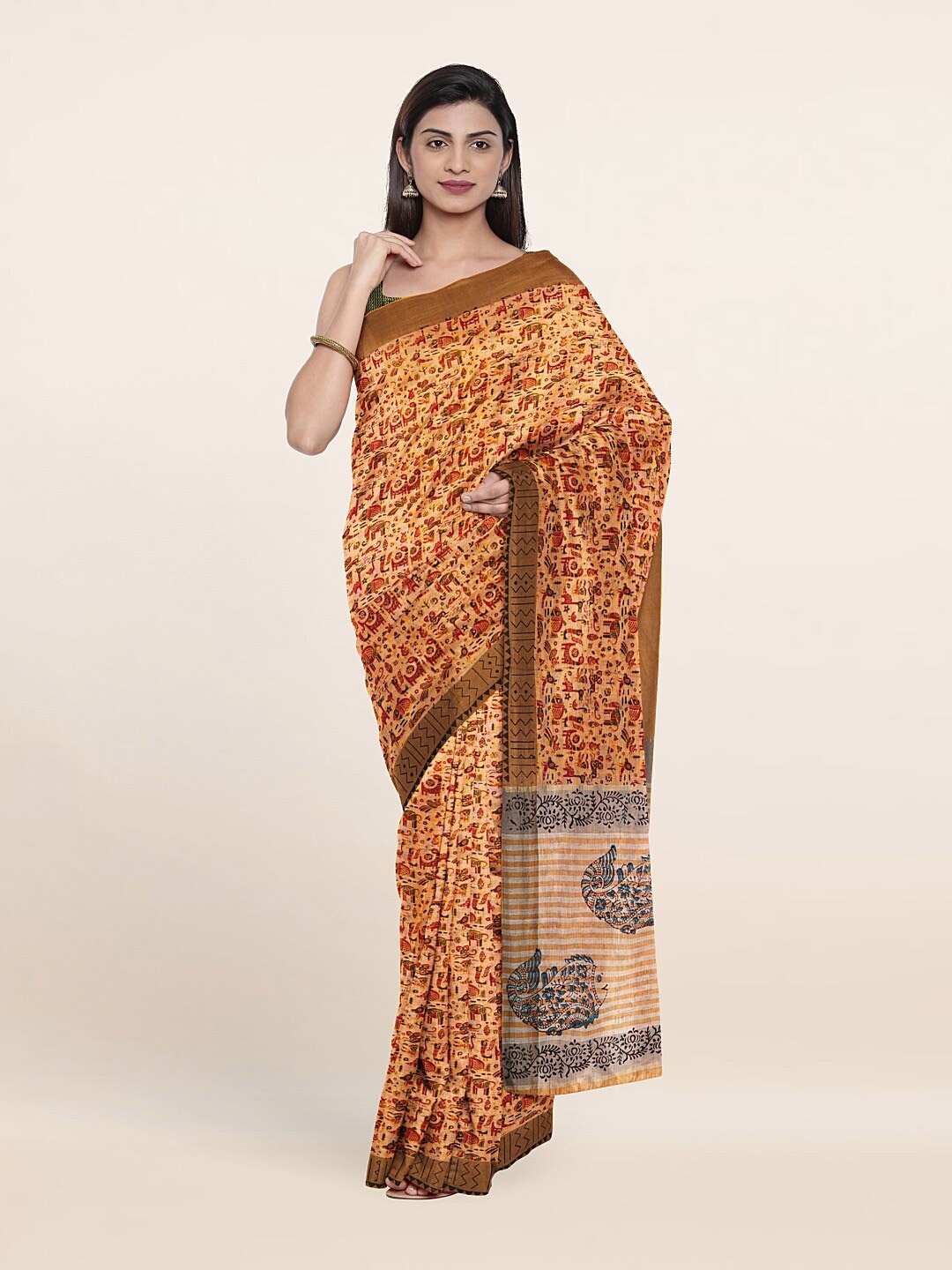 

Pothys Peach-Coloured & Black Ethnic Motifs Pure Cotton Saree