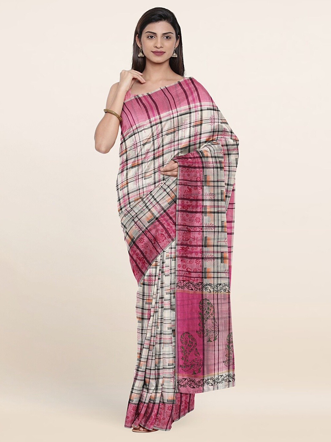 

Pothys Grey & Pink Checked Pure Cotton Saree