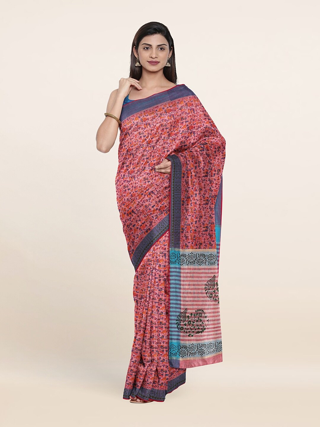 

Pothys Pink & Black Ethnic Motifs Pure Cotton Saree