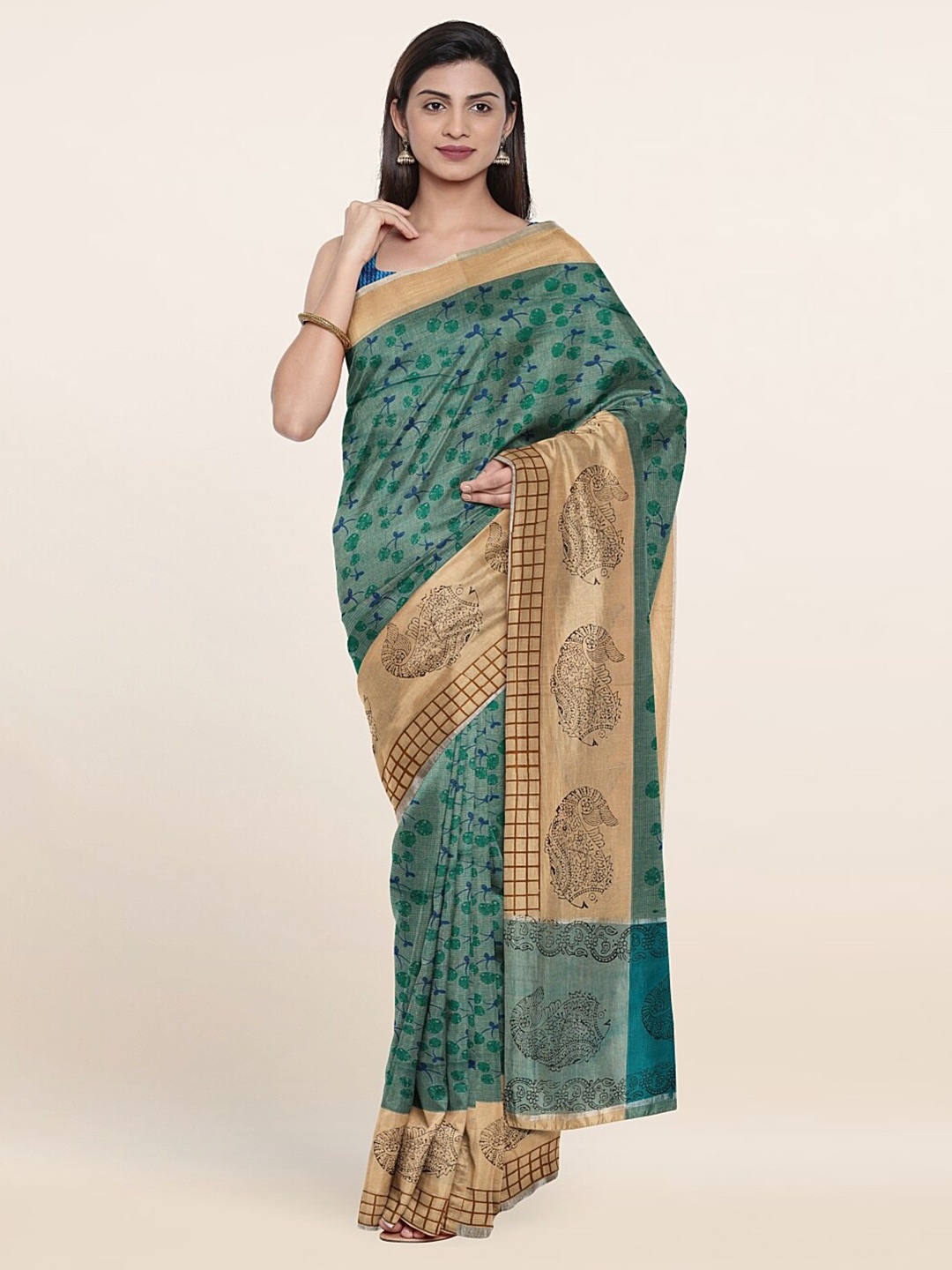 

Pothys Green & Khaki Floral Pure Cotton Saree