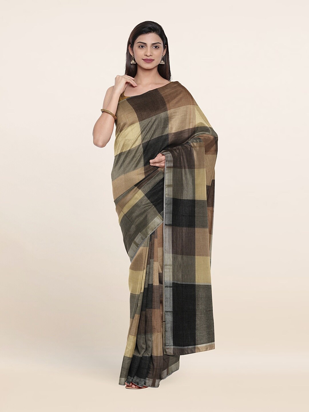 

Pothys Gold-Toned & Brown Checked Zari Pure Cotton Saree