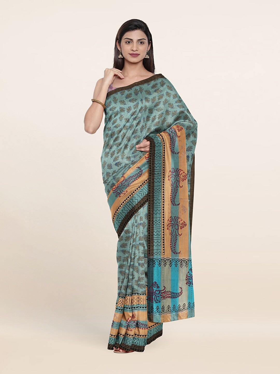 

Pothys Blue & Brown Ethnic Motifs Pure Cotton Saree