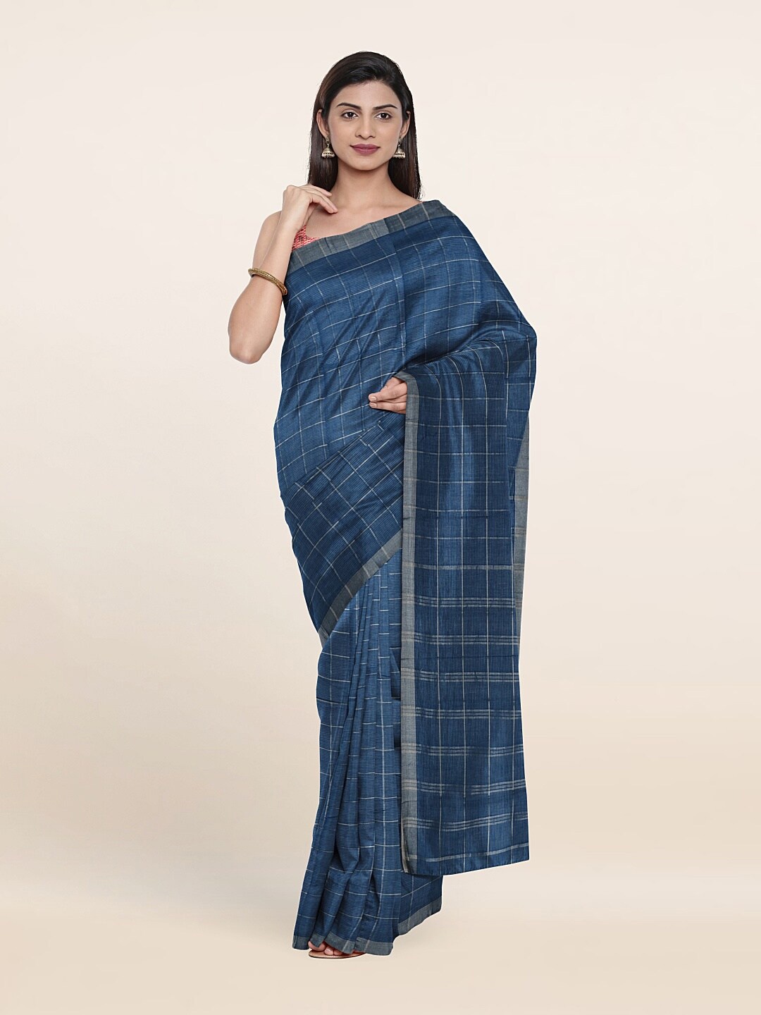 

Pothys Blue & Grey Checked Pure Cotton Saree