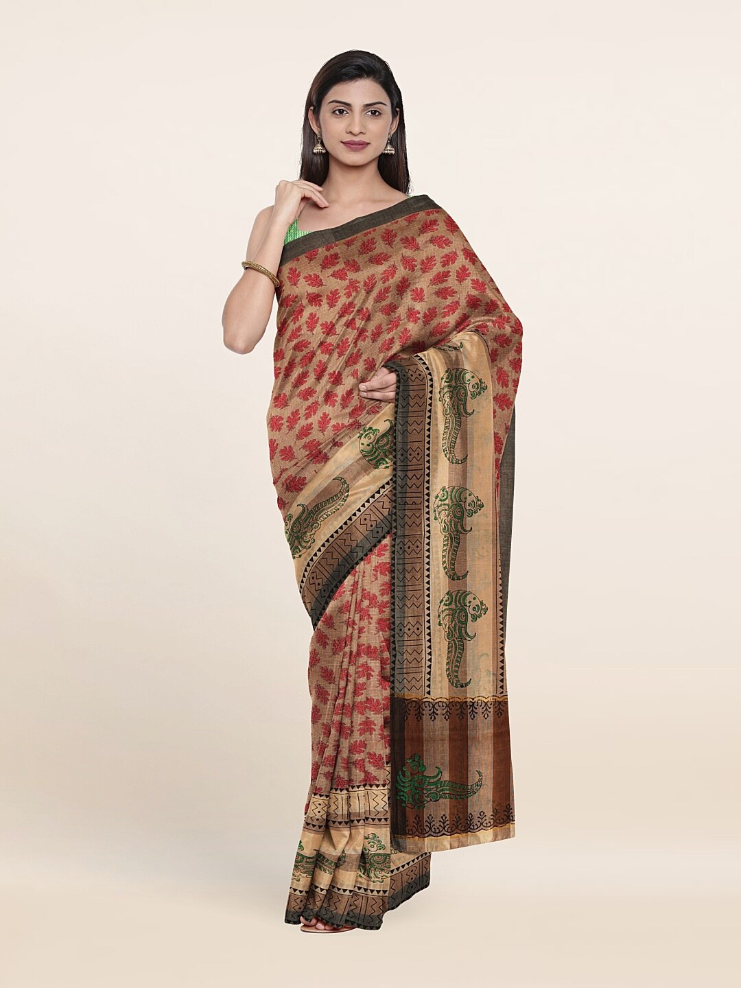 

Pothys Brown & Green Ethnic Motifs Pure Cotton Saree