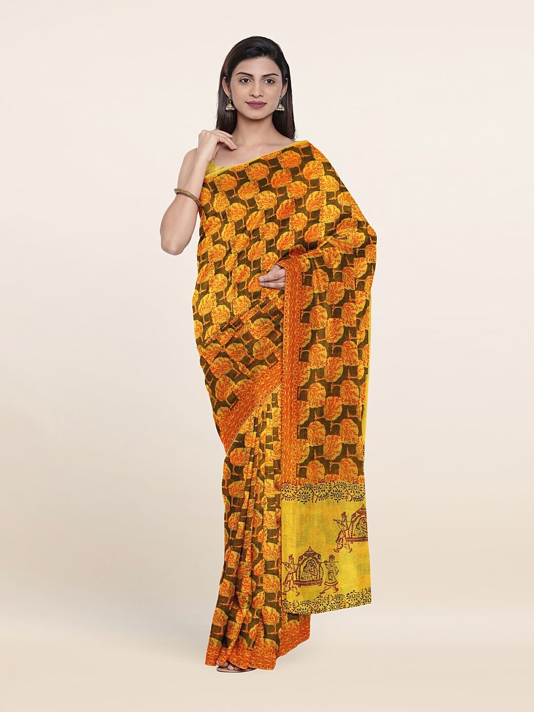 

Pothys Yellow & Brown Printed Geometric Pure Cotton Saree