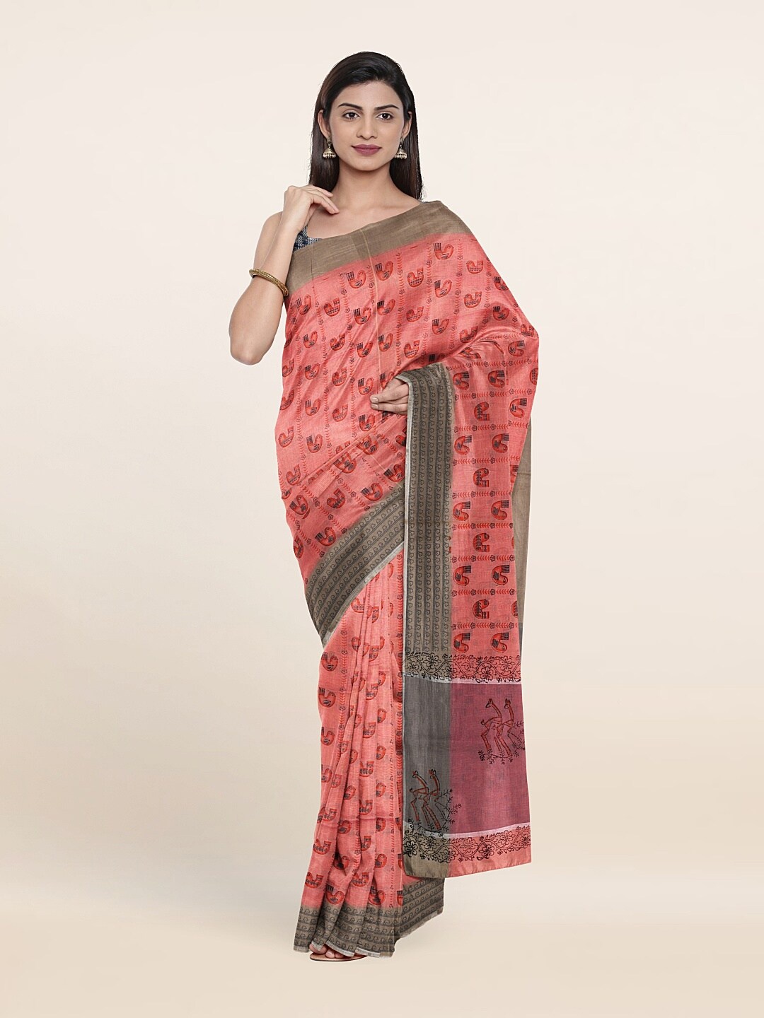 

Pothys Pink & Grey Printed Pure Cotton Saree