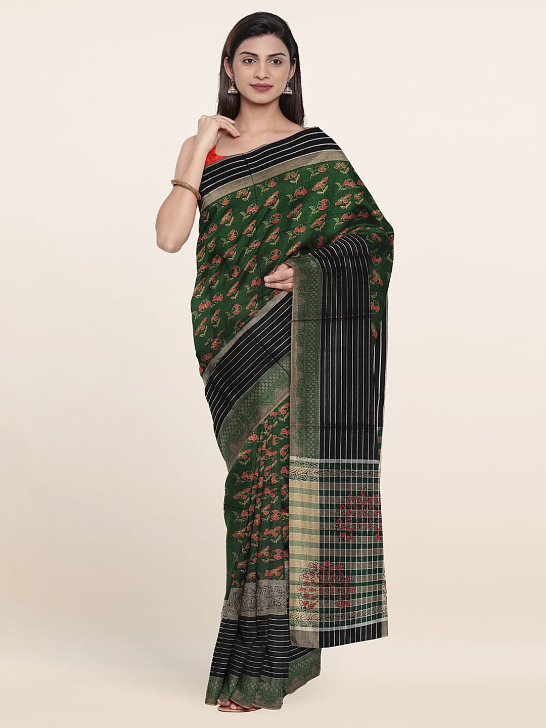 

Pothys Green & Red Floral Printed Pure Cotton Saree