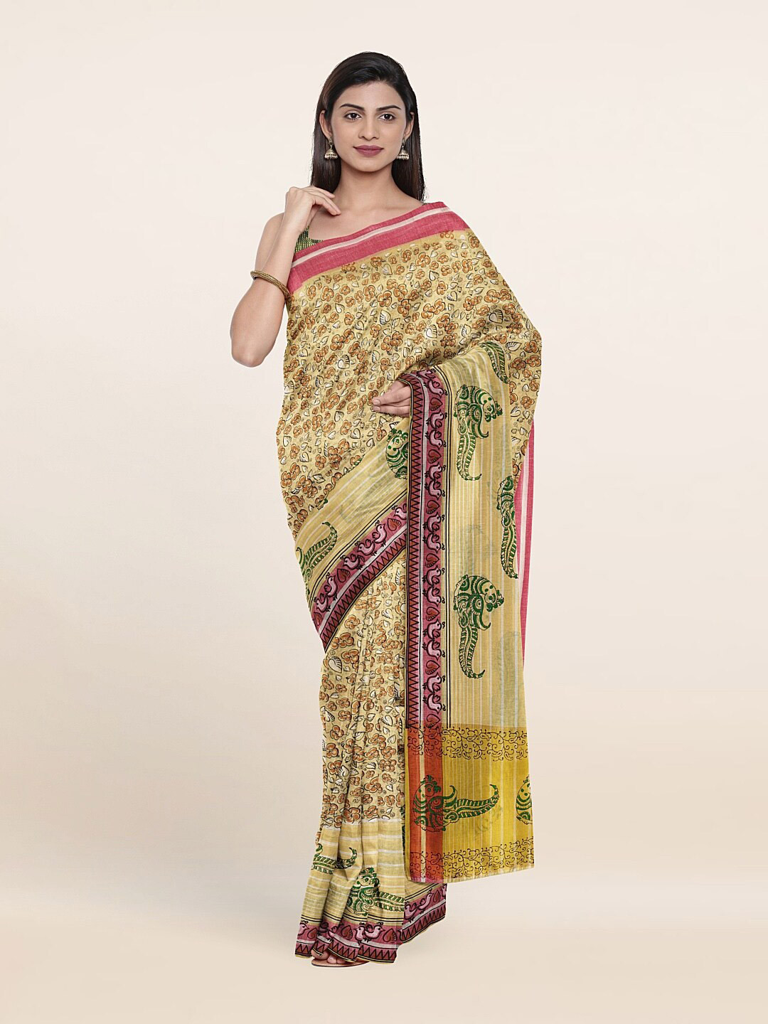 

Pothys Cream-Coloured & Yellow Printed Floral Pure Cotton Saree