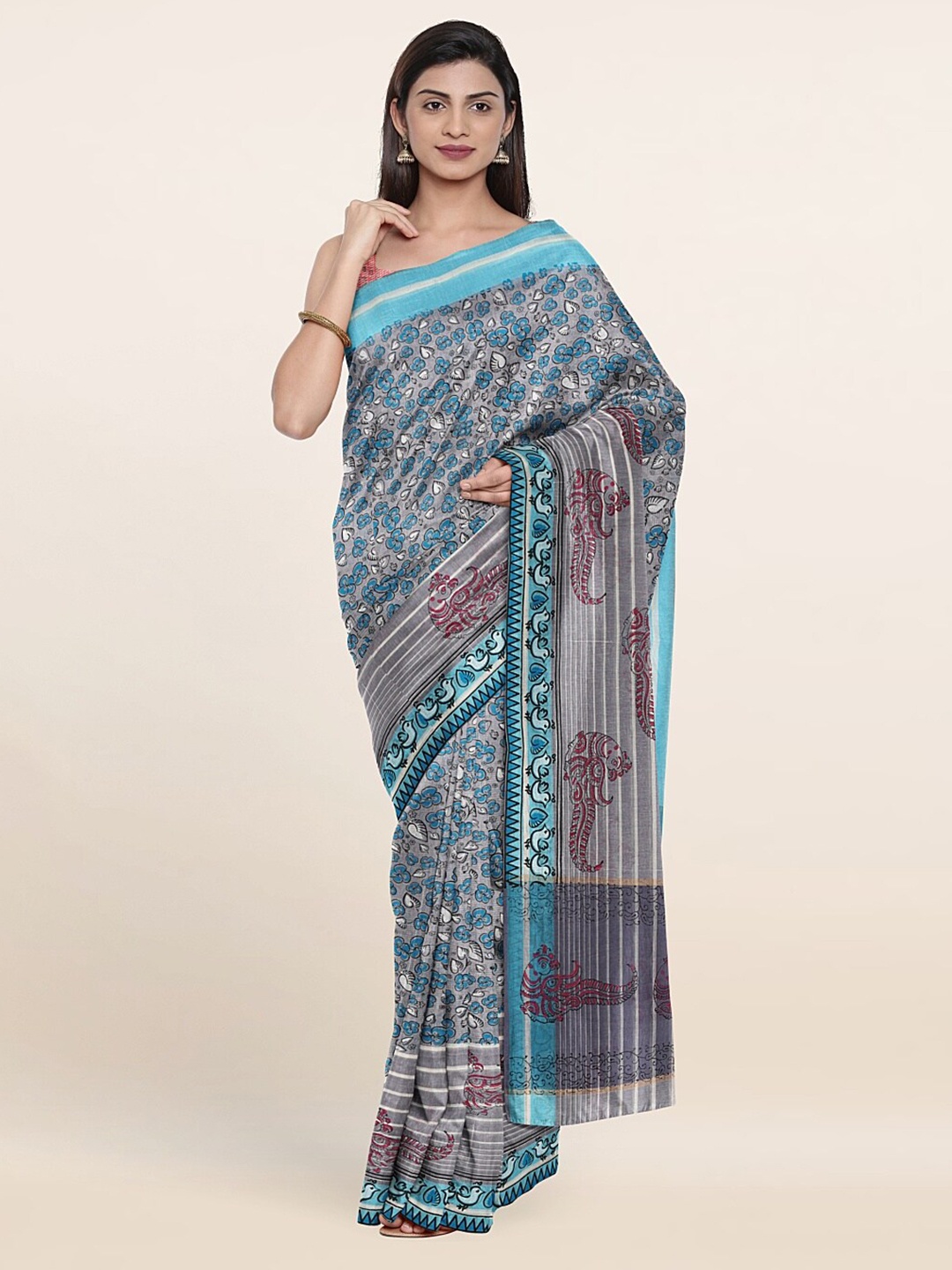 

Pothys Grey & Blue Floral Pure Cotton Saree