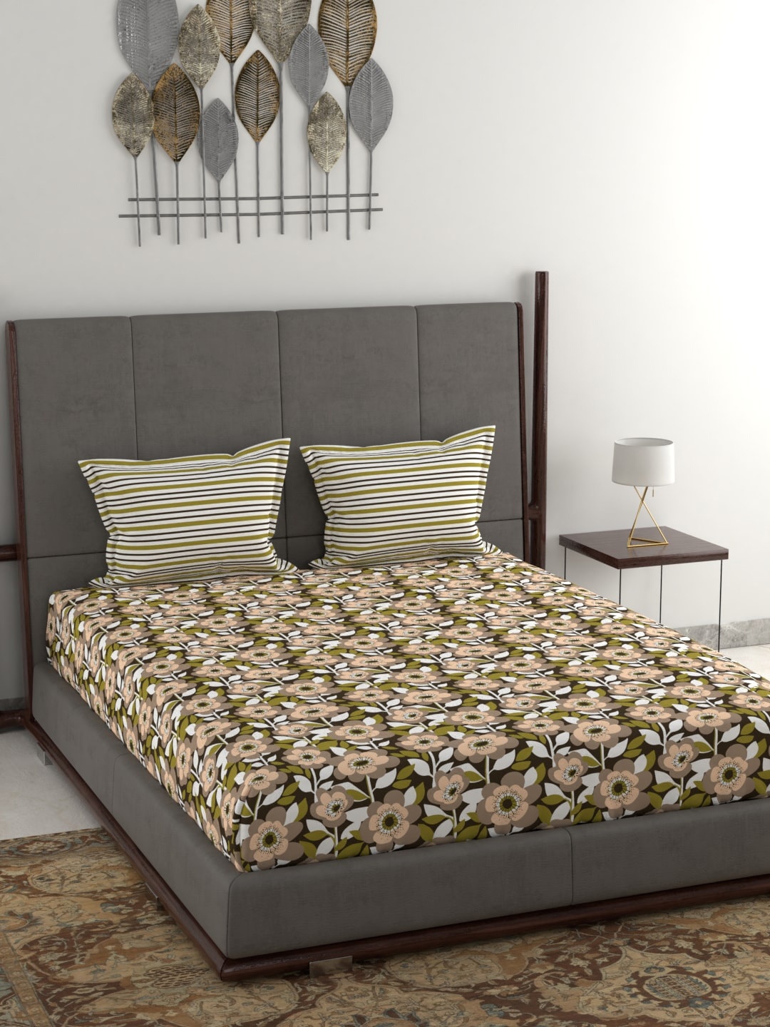

MYTRIDENT Olive Green White Floral Cotton120 TC Queen Bedsheet with 2 Pillow Covers