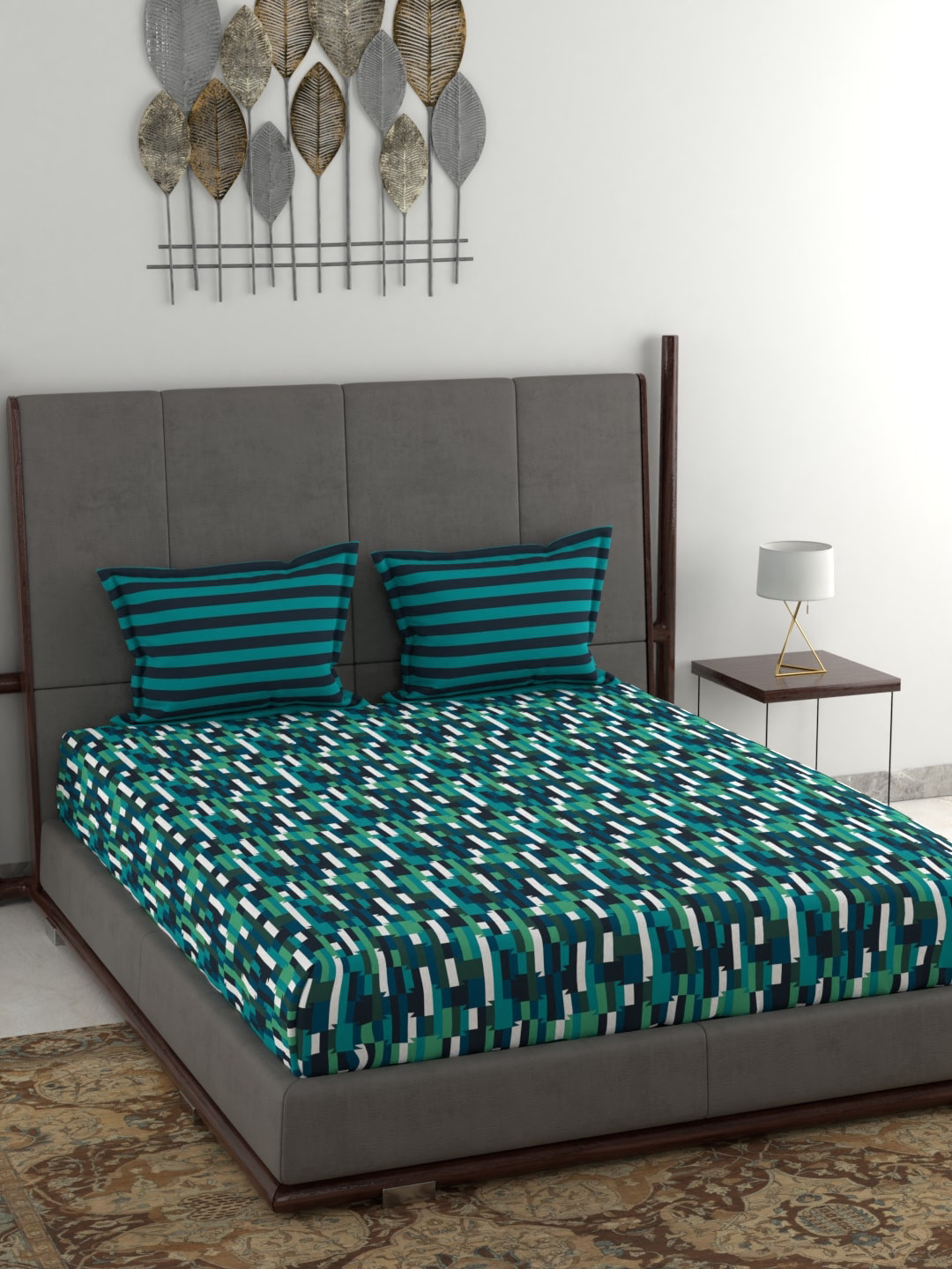 

MYTRIDENT Teal White Geometric 120 TC Cotton Queen Bedsheet with 2 Pillow Covers