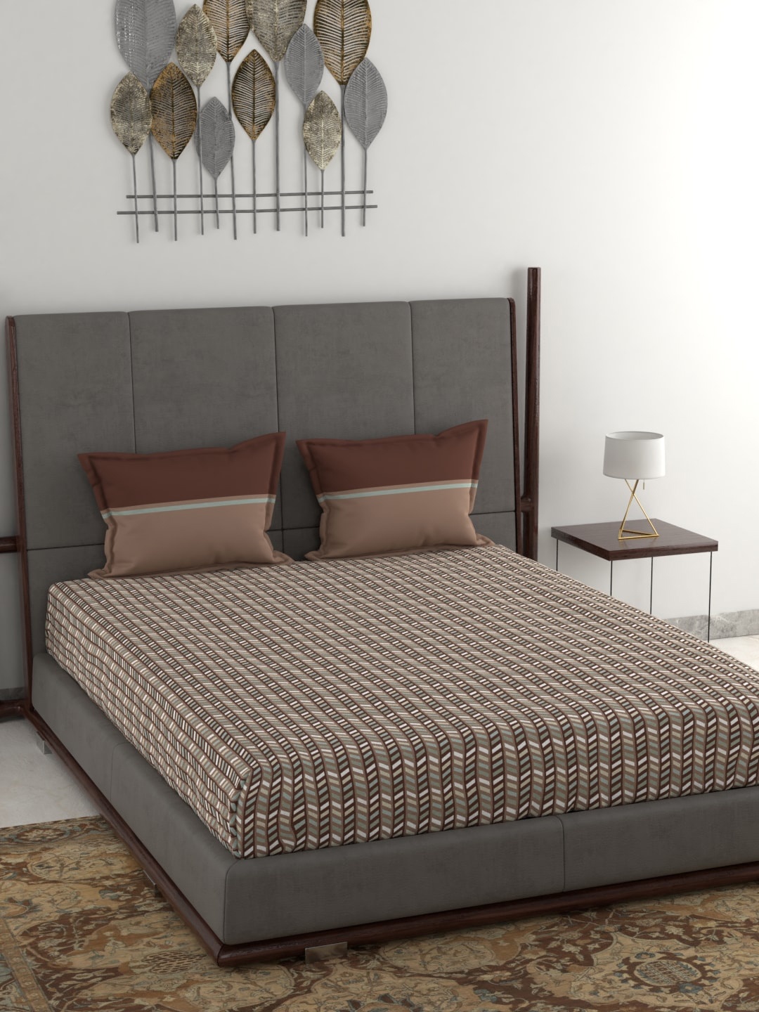 

MYTRIDENT Brown Grey Geometric 120 TC Cotton Queen Bedsheet with 2 Pillow Covers