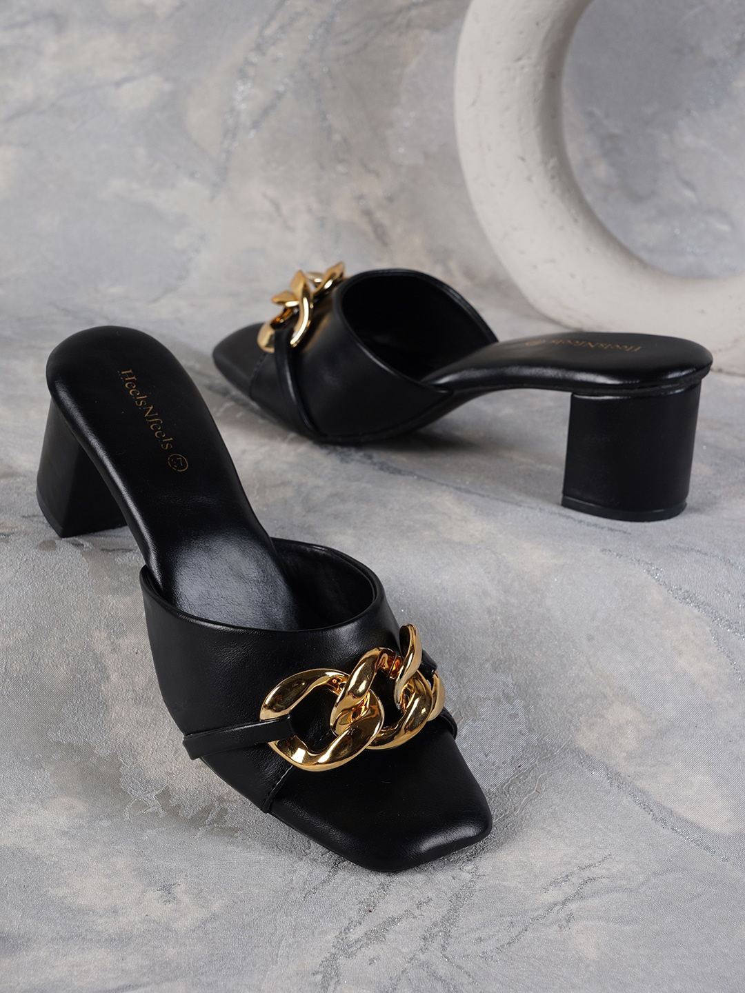 

HEELSNFEELS Black & Gold-Toned Embellished Block Sandals