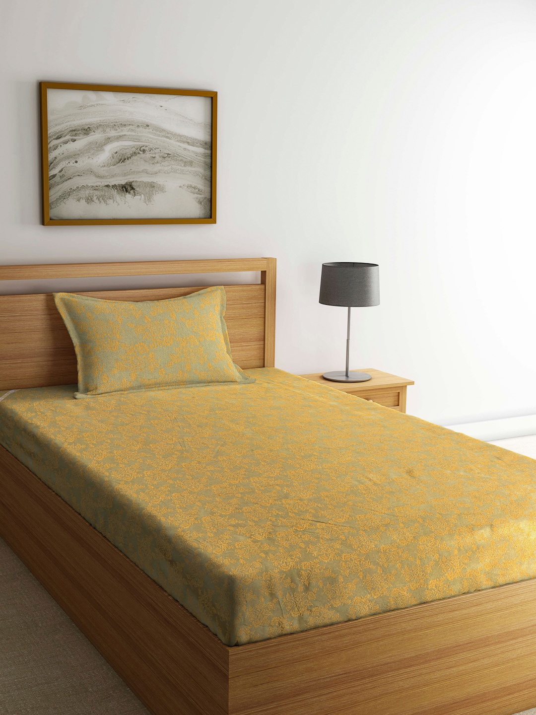 

Arrabi Yellow & Green Floral 300 TC Single Bedsheet with 1 Pillow Covers