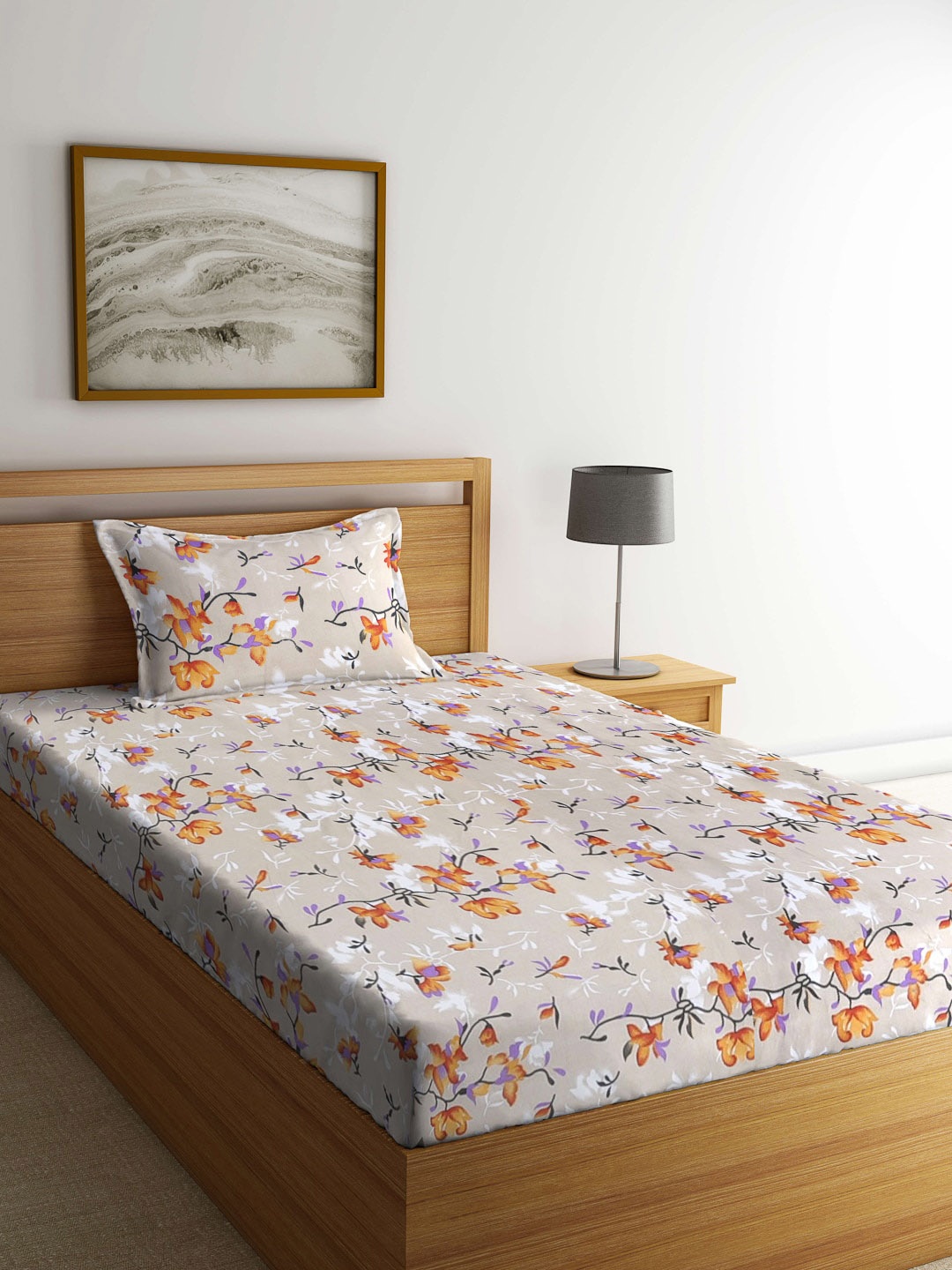 

Arrabi Beige & Orange Floral 300 TC Single Bedsheet with 1 Pillow Covers
