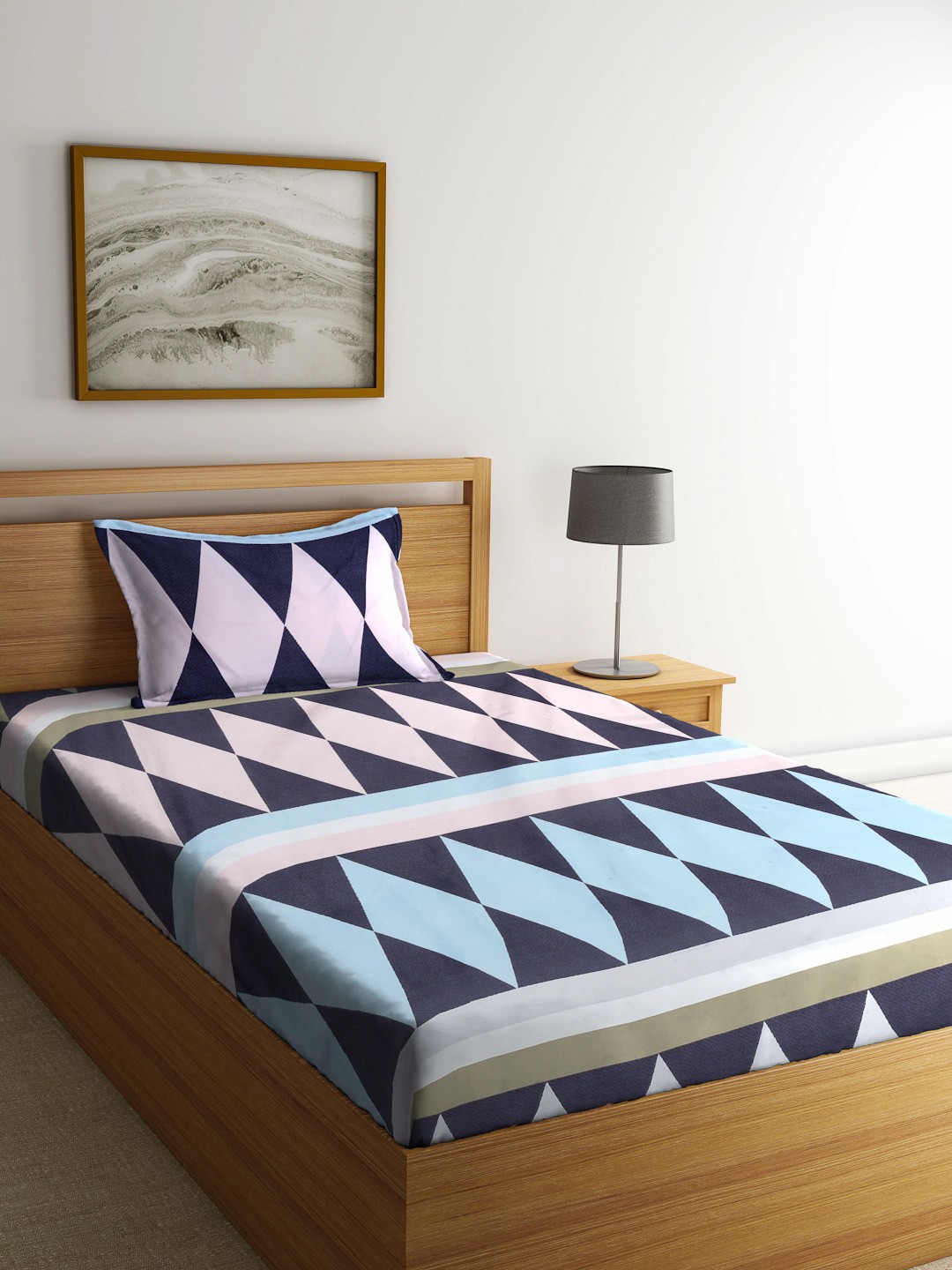 

Arrabi Blue & Pink Geometric 300 TC Single Bedsheet with 1 Pillow Cover