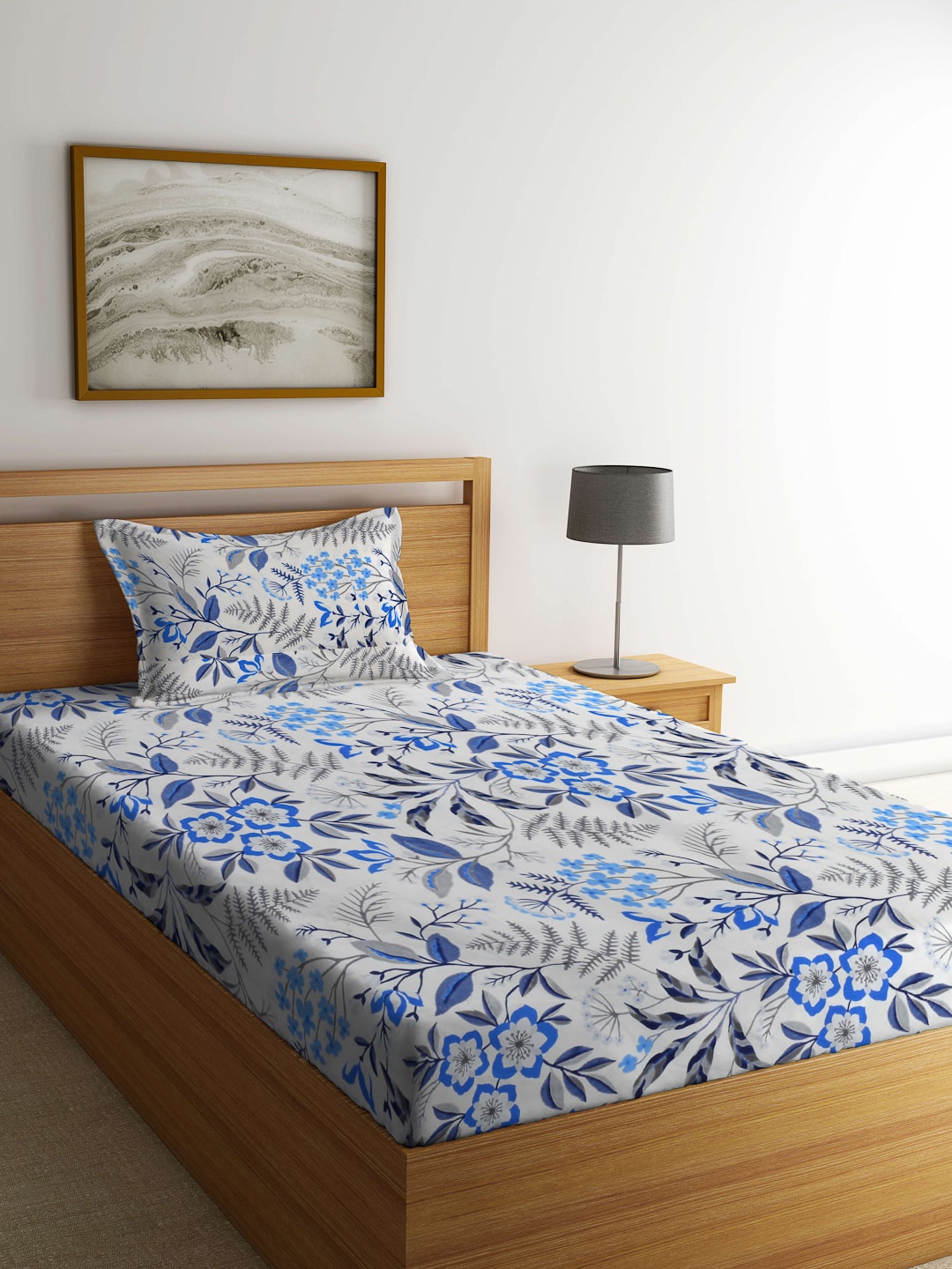 

Arrabi White & Blue Floral 300 TC Single Bedsheet with 1 Pillow Covers