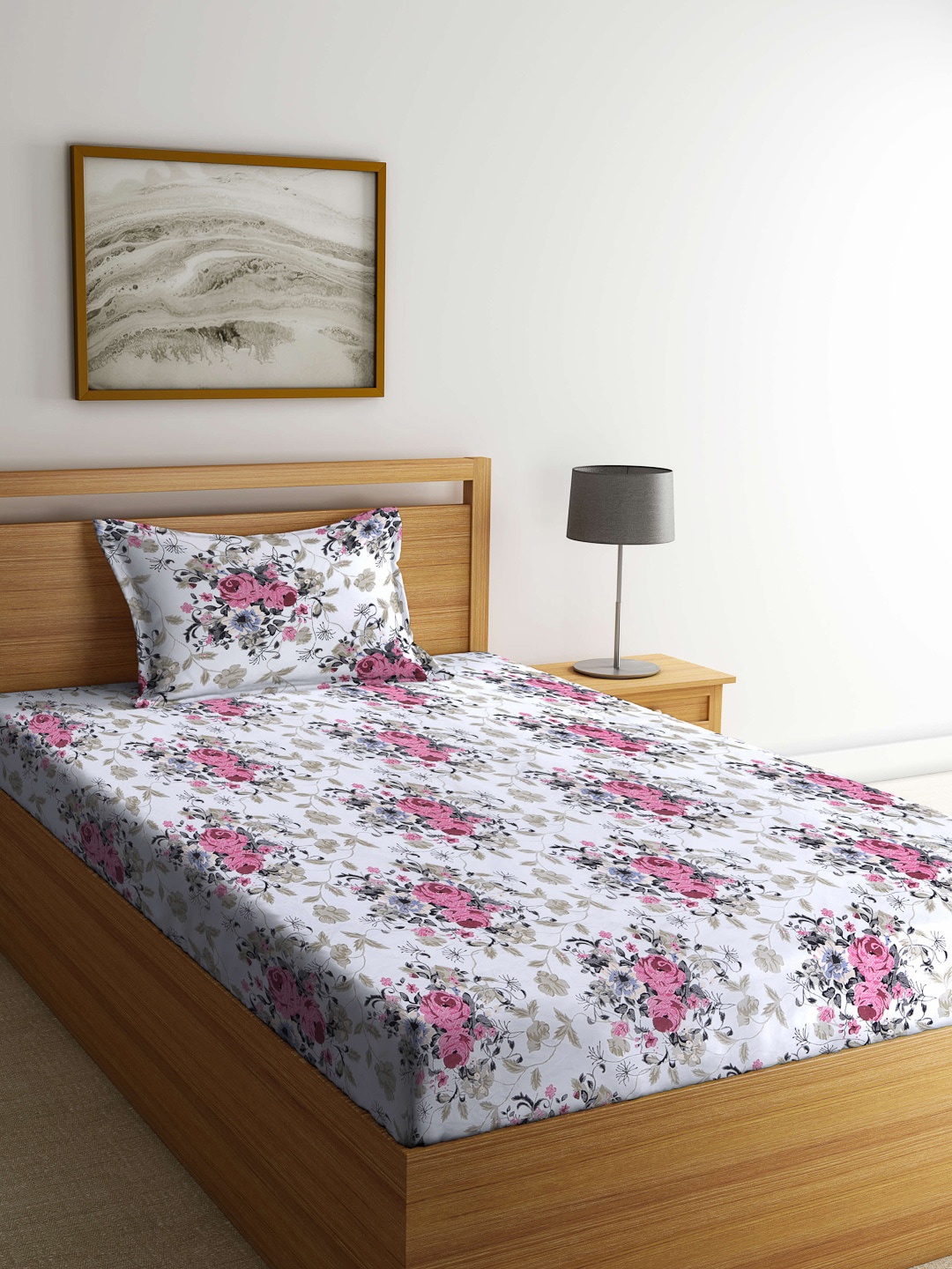

Arrabi White & Pink Floral 300 TC Single Bedsheet with 1 Pillow Covers