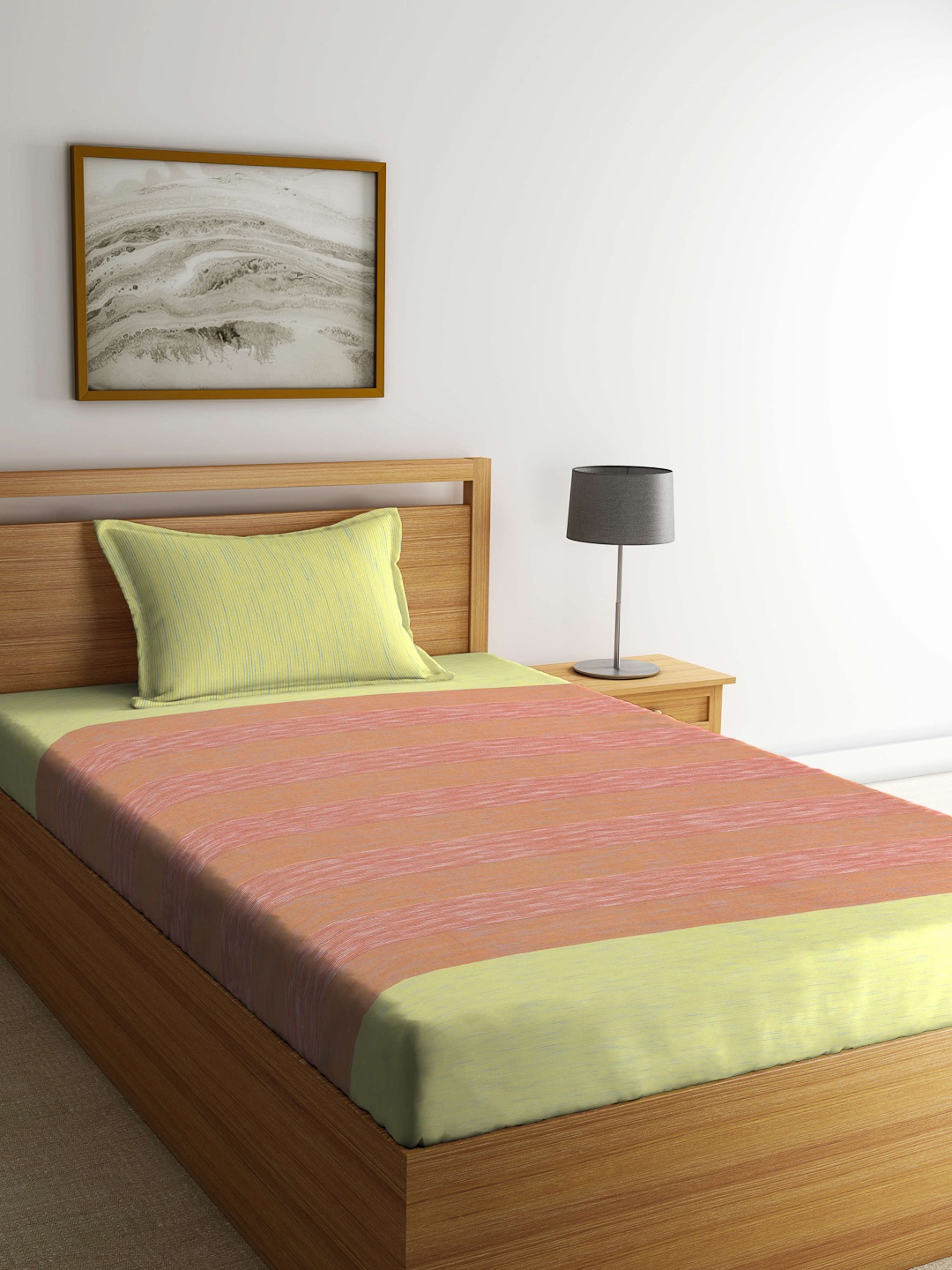 

Arrabi Yellow & Brown Striped 300 TC Single Bedsheet with 1 Pillow Covers