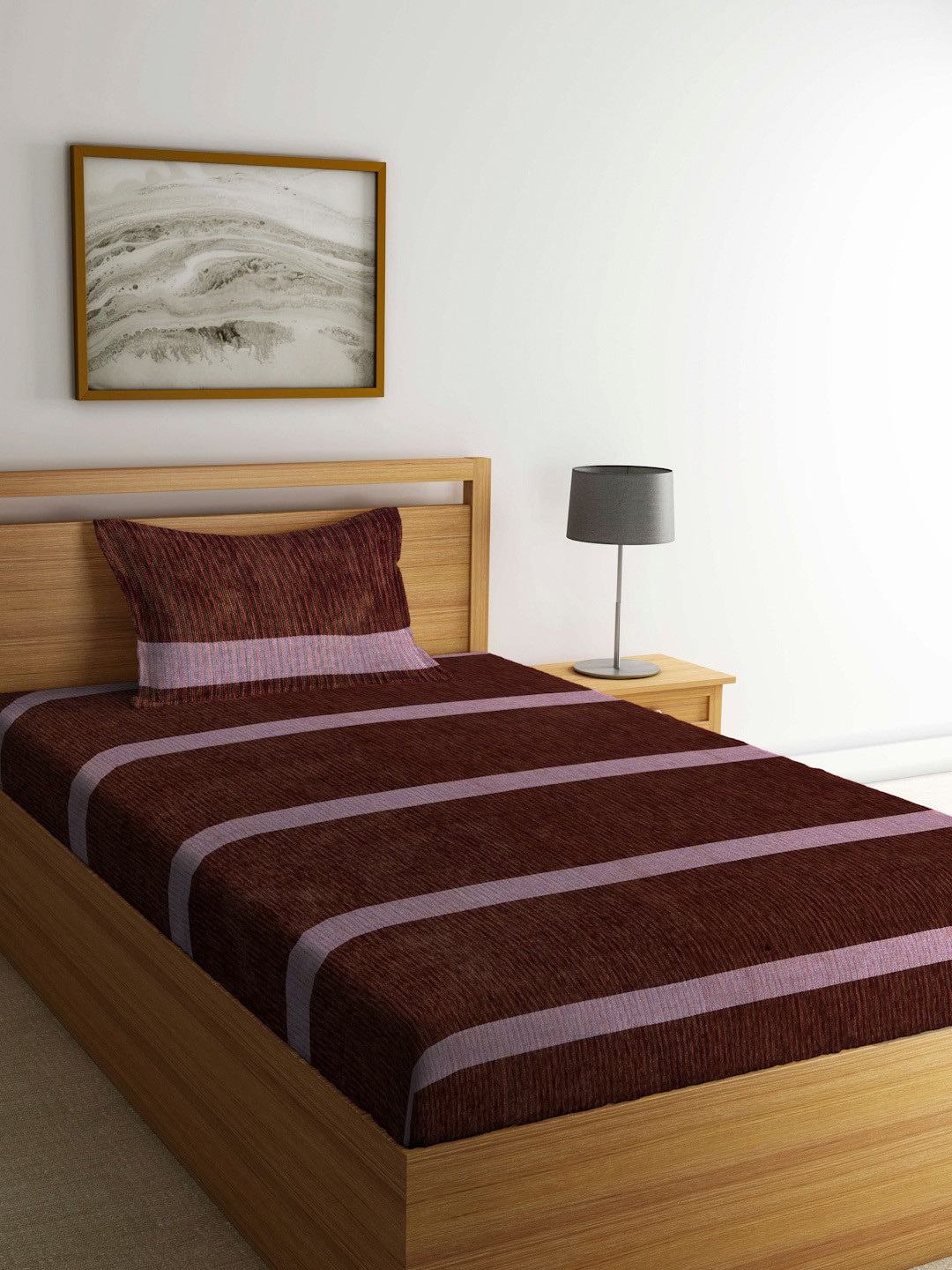 

Arrabi Brown & Pink Striped 300 TC Single Bedsheet with 1 Pillow Covers