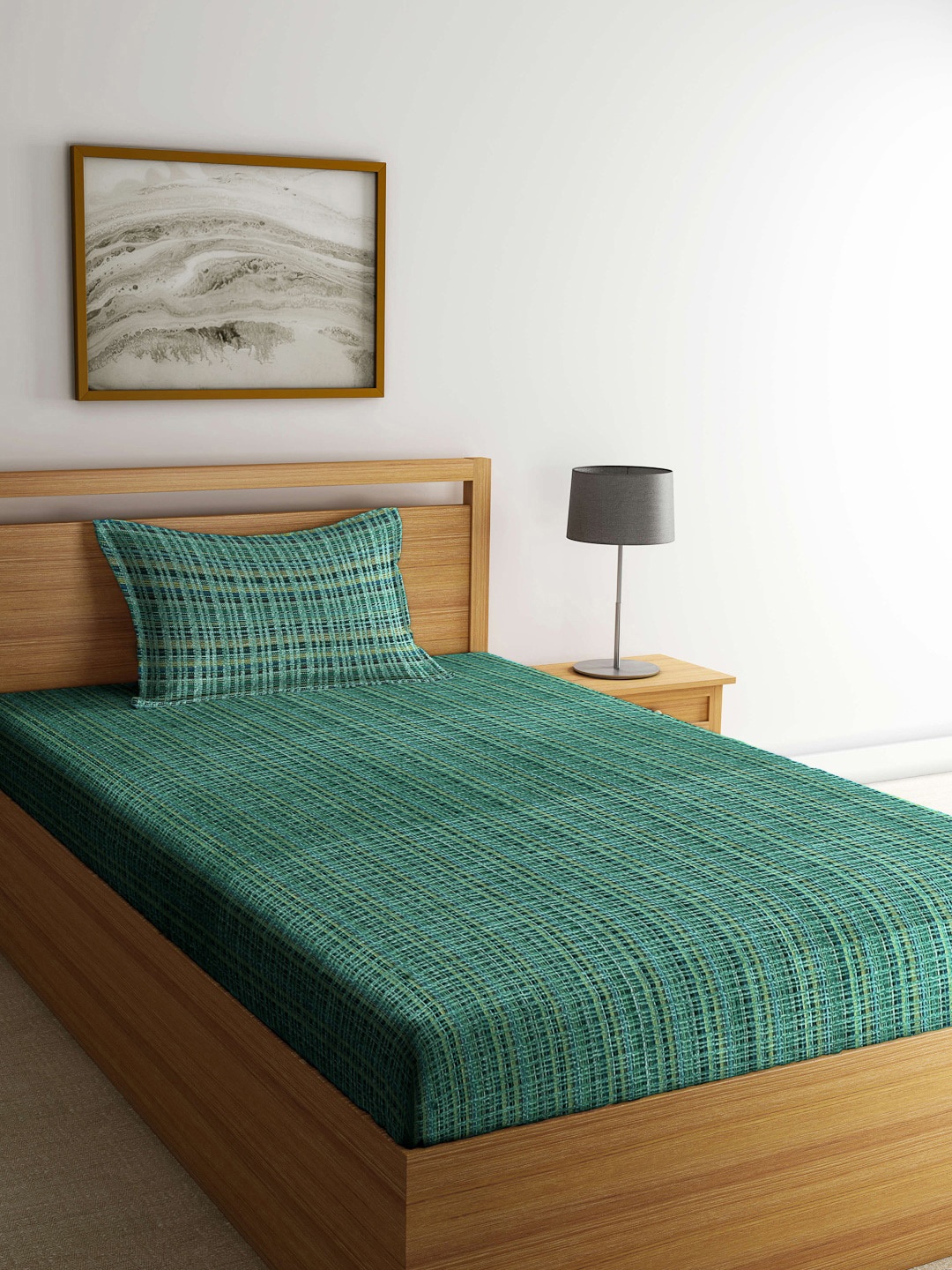 

Arrabi Green Striped 300 TC Single Bedsheet with 1 Pillow Covers