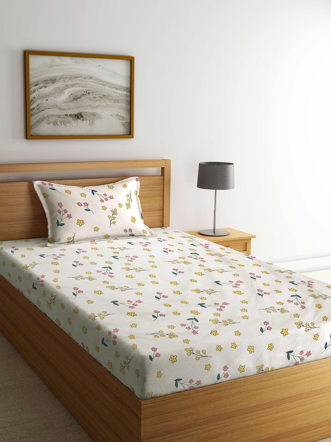 

Arrabi Cream-Coloured & Mustard Floral 300 TC Single Bedsheet with 1 Pillow Covers