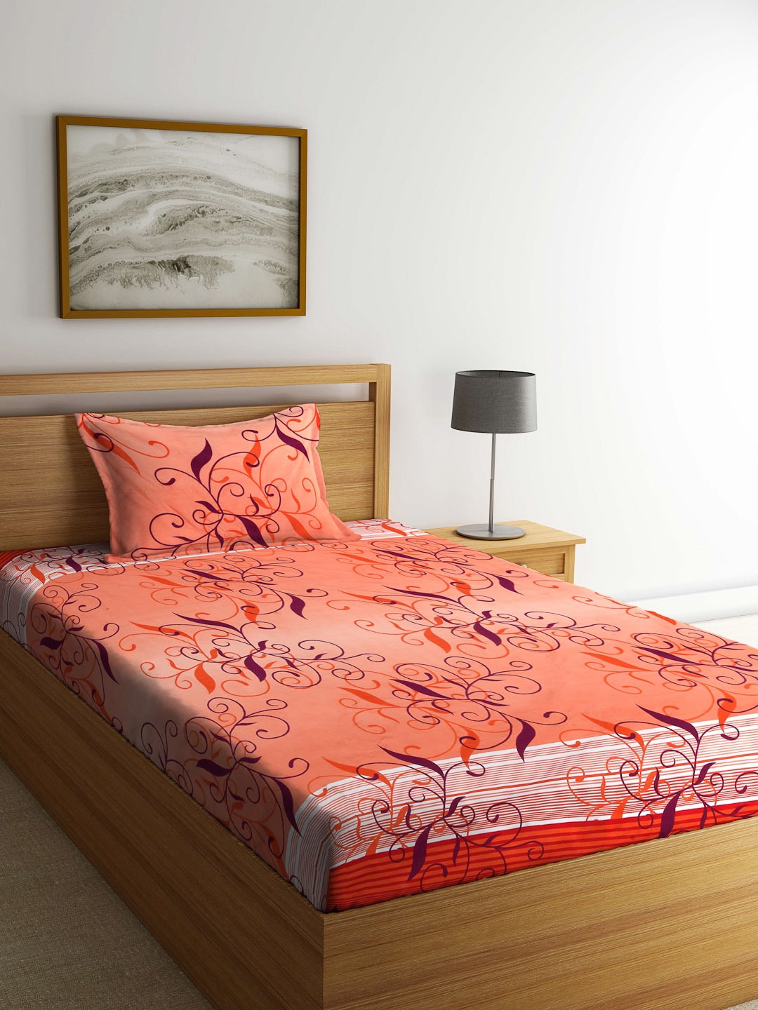 

Arrabi Orange & White Floral 300 TC Single Bedsheet with 1 Pillow Covers