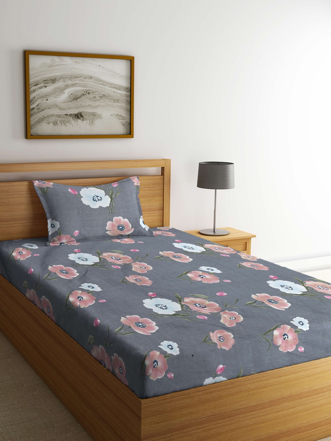

Arrabi Grey & Pink Floral 300 TC Single Bedsheet with 1 Pillow Cover