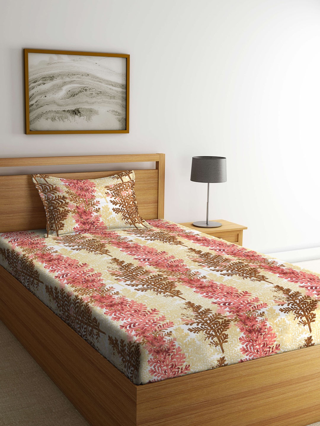 

Arrabi Beige & Pink Floral 300 TC Single Bedsheet with 1 Pillow Covers