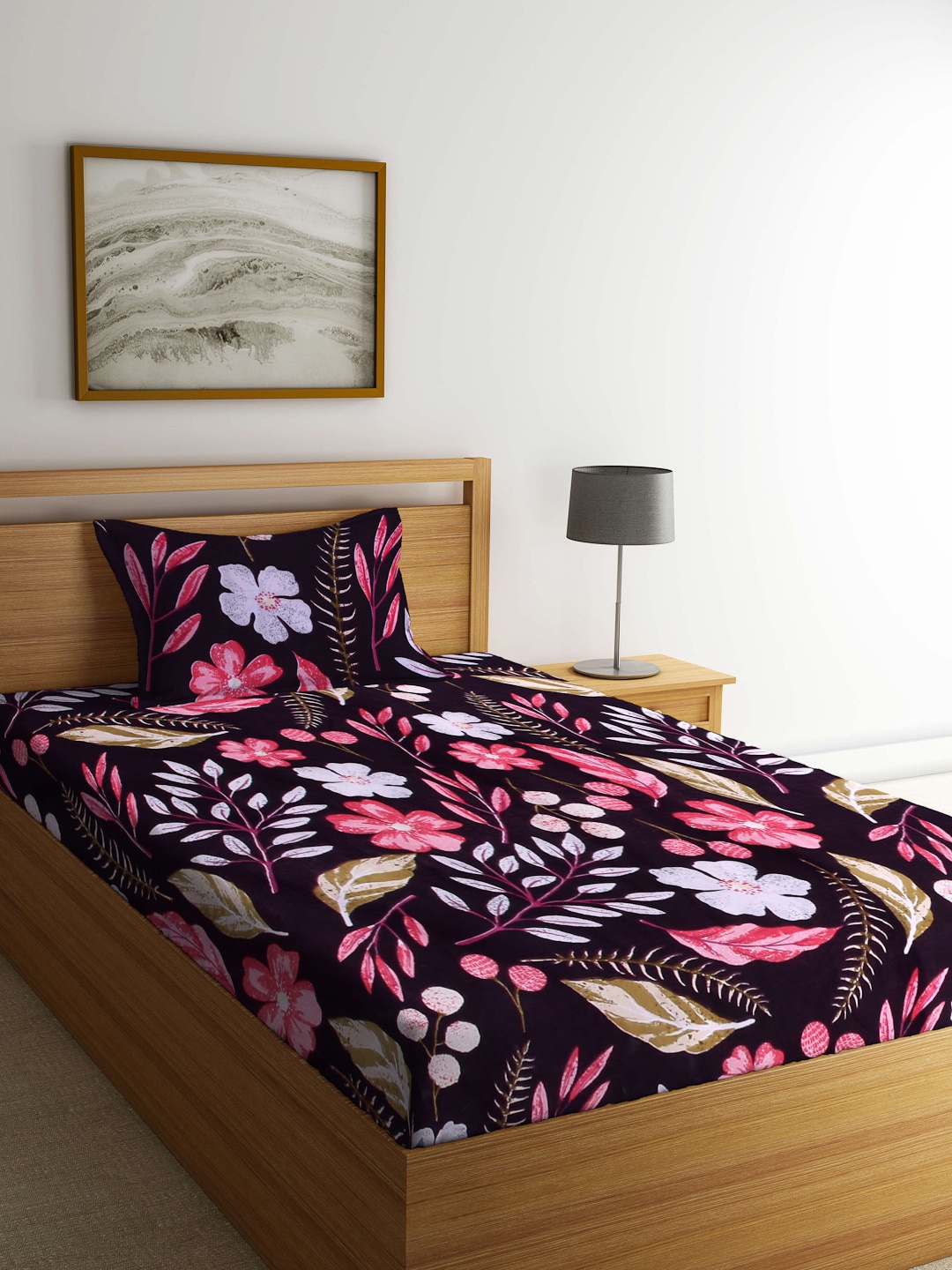 

Arrabi Purple & Pink Floral 300 TC Single Bedsheet with 1 Pillow Cover