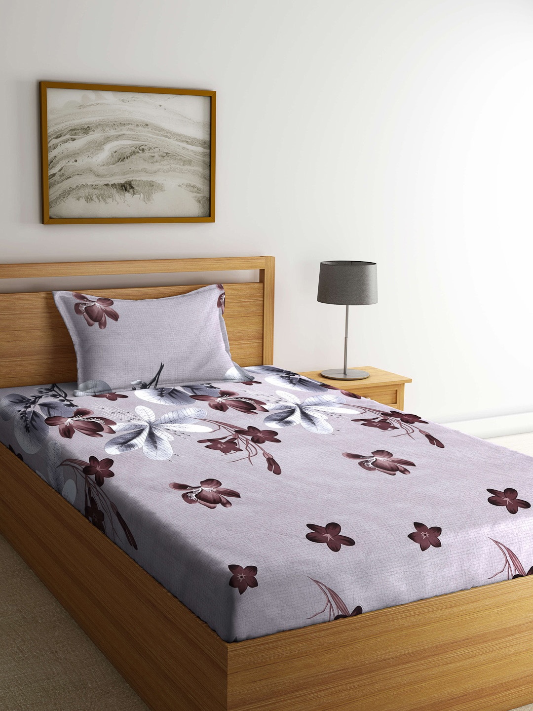 

Arrabi Brown & Grey Floral 300 TC Single Bedsheet with 1 Pillow Cover