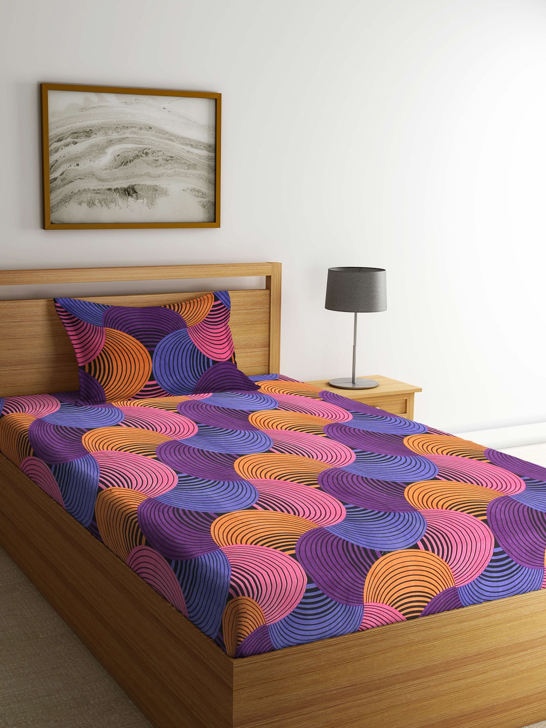 

Arrabi Purple & Orange Graphic 300 TC Single Bedsheet with 1 Pillow Cover