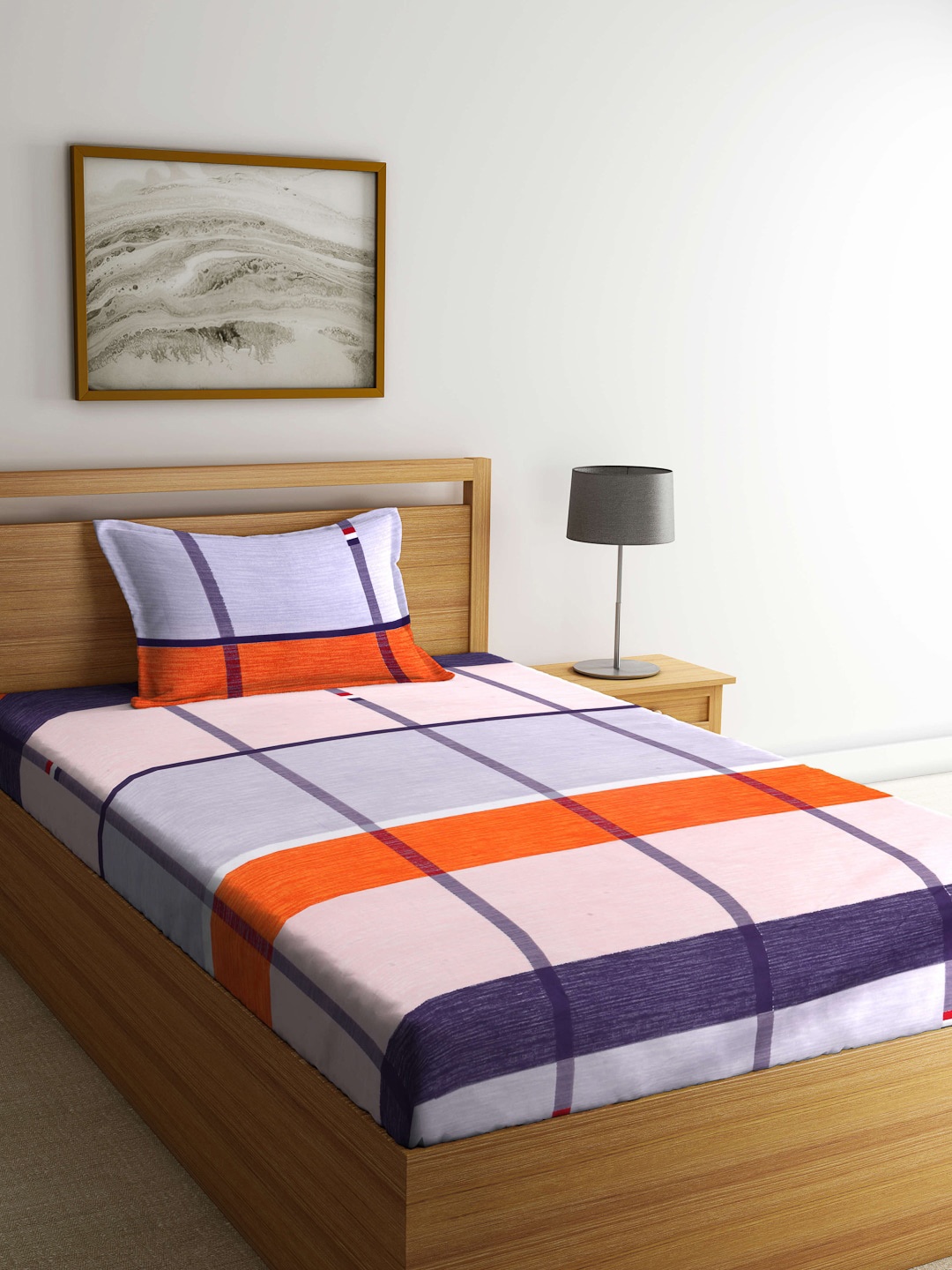 

Arrabi Blue & Orange Geometric 300 TC Single Bedsheet with 1 Pillow Cover