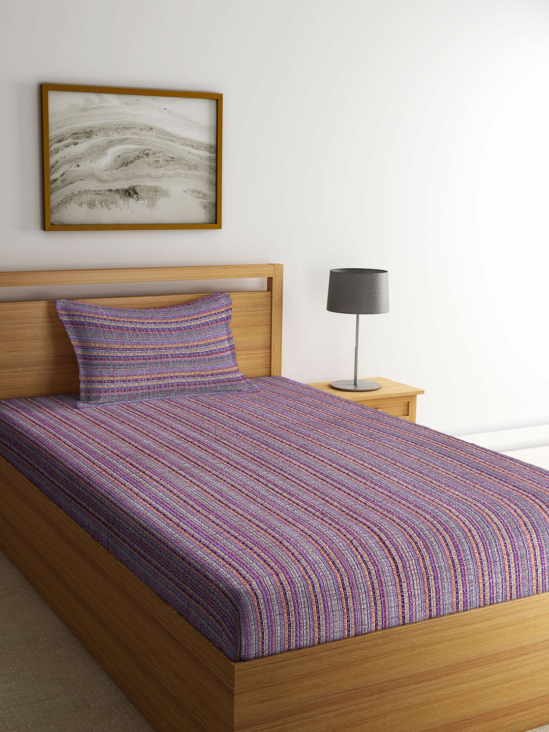 

Arrabi Purple & Blue Striped 300 TC Single Bedsheet with 1 Pillow Cover