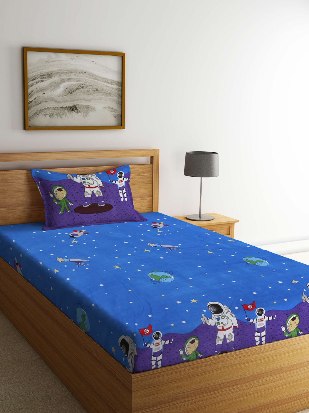 

Arrabi Blue & Purple Cartoon Characters 300 TC Single Bedsheet with 1 Pillow Cover
