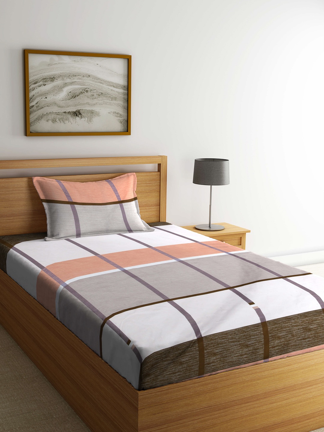 

Arrabi White & Peach-Coloured Geometric 300 TC Single Bedsheet with 1 Pillow Cover