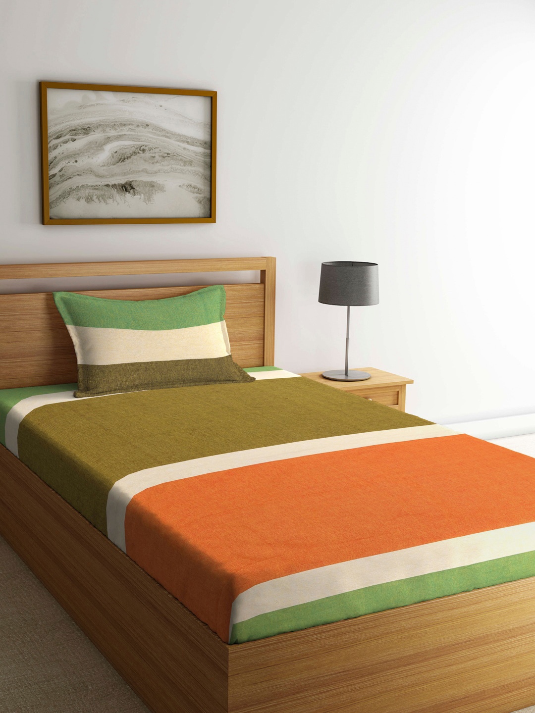 

Arrabi Olive Green & Orange Striped 300 TC Single Bedsheet with 1 Pillow Covers