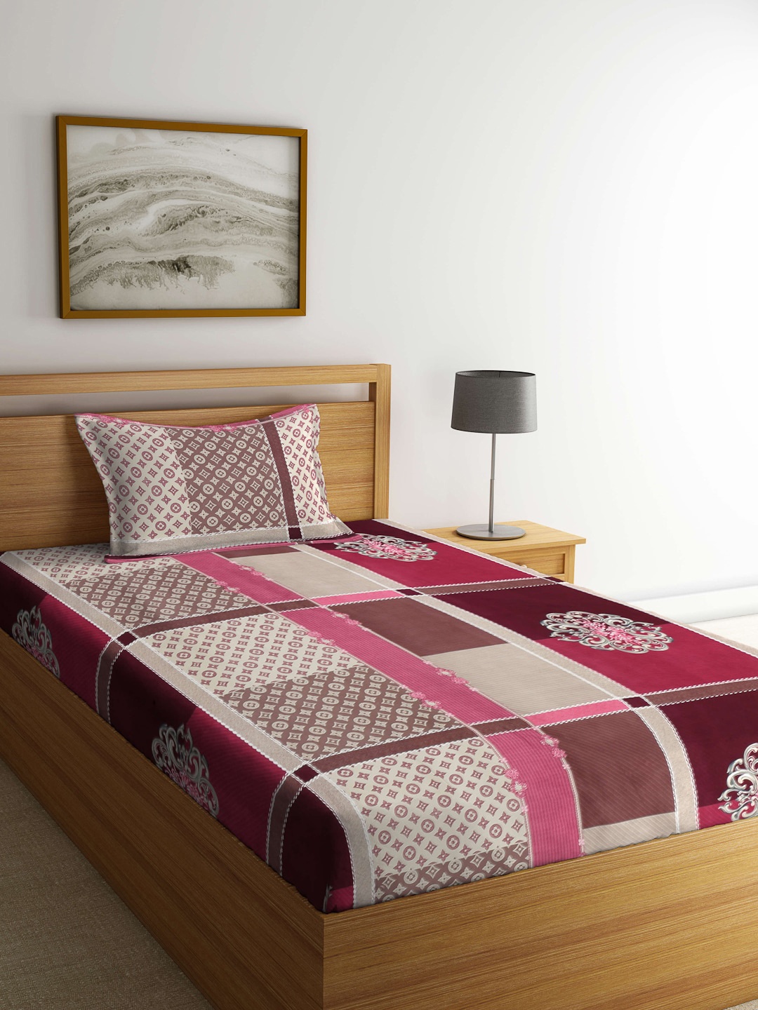 

Arrabi Beige & Pink 300 TC Single Bedsheet with 1 Pillow Covers