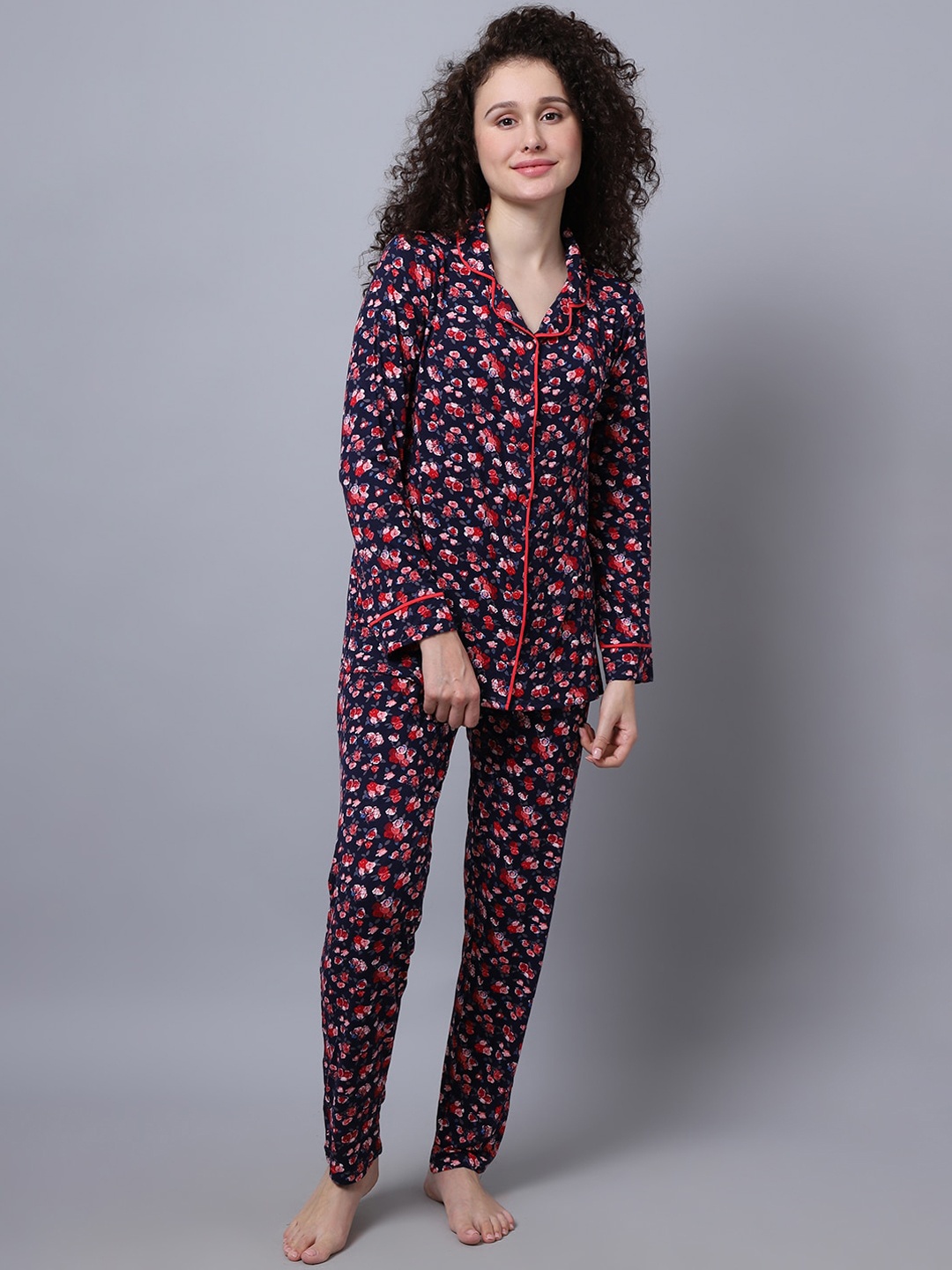 

Kanvin Women Navy Blue & Red Printed Night suit