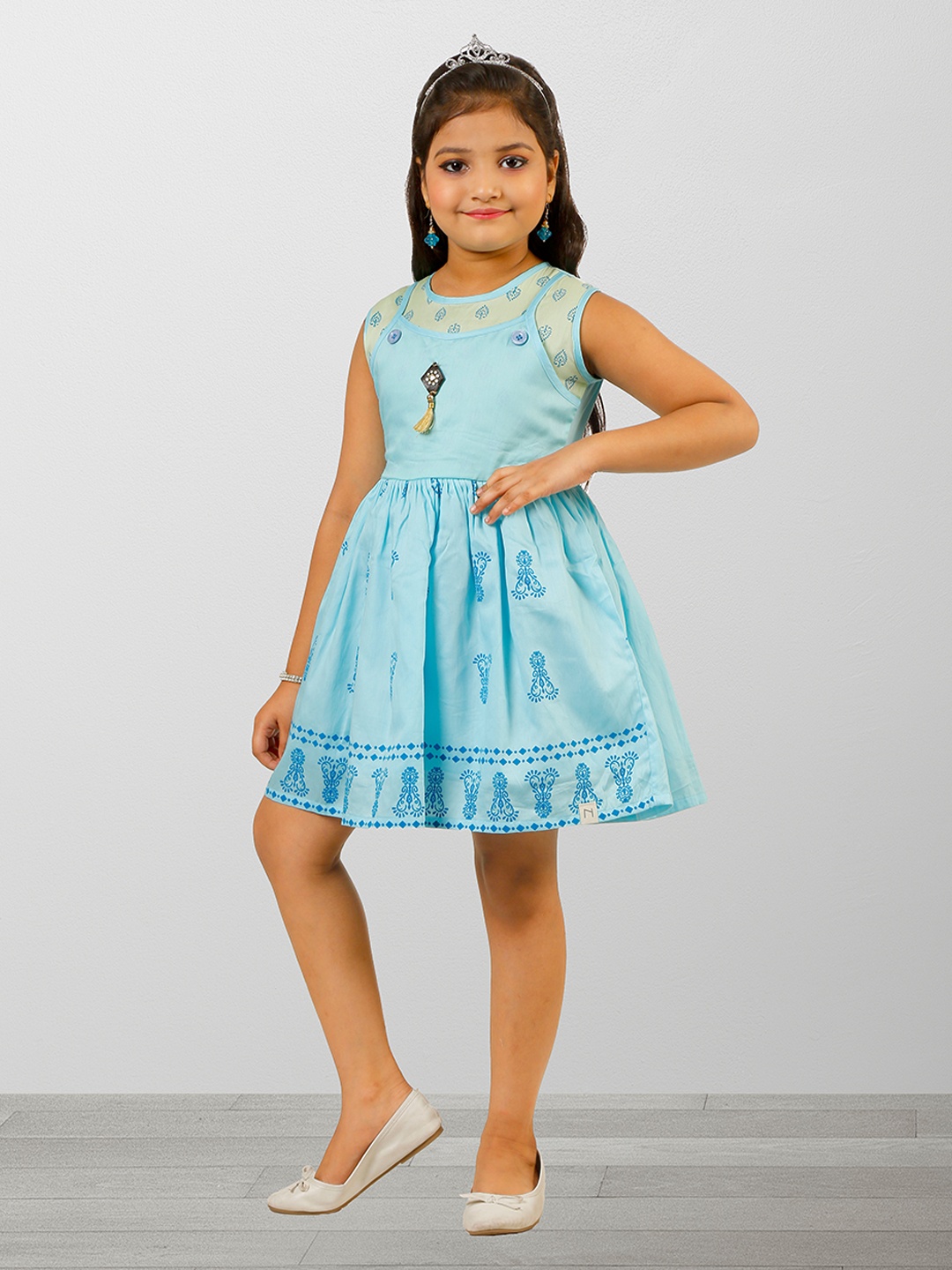 

ZOOBA Turquoise Blue Ethnic Motifs Printed Cotton Dress