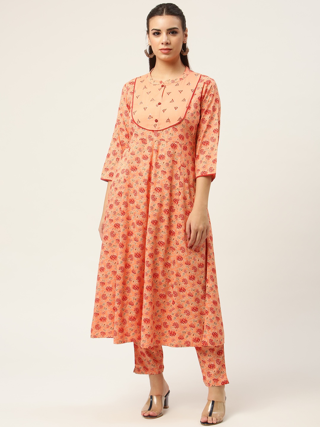 

MAAND Women Peach-Coloured Floral Embroidered Sequinned Kurta with Trousers